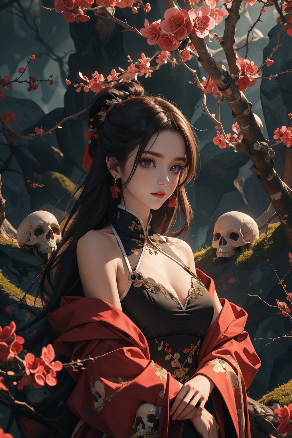 1girl,solo,UPPER body,many skulls,tree,branch,outdoors,china dress,night,<lora:麻袋2024-023桃权重0.6-0.8:0.8>,, masterpiece,best quality,ultra-detailed,