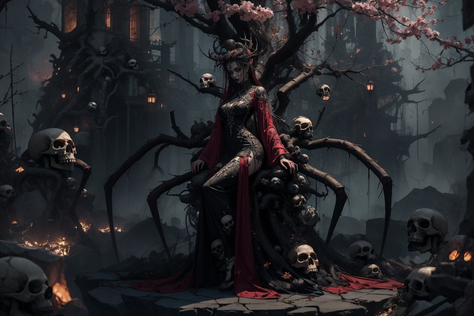 1girl,solo,full body,many skulls,tree,branch,outdoors,china dress,zhongfenghua,black_theme,spider legs,terror theme,spizzy,chinese architecture,forest,night,<lora:麻袋2024-023桃权重0.6-0.8:0.6>,<lora:怪物女王v1.1:0.6>,spider silk,, masterpiece,best quality,ultra-detailed,