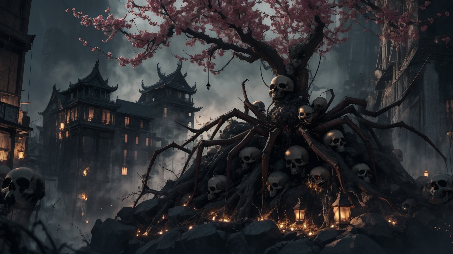 1girl,solo,full body,many skulls,tree,branch,outdoors,china dress,zhongfenghua,black_theme,spider legs,terror theme,spizzy,chinese architecture,forest,night,<lora:麻袋2024-023桃权重0.6-0.8:0.6>,<lora:怪物女王v1.1:0.6>,spider silk,, masterpiece,best quality,ultra-detailed,