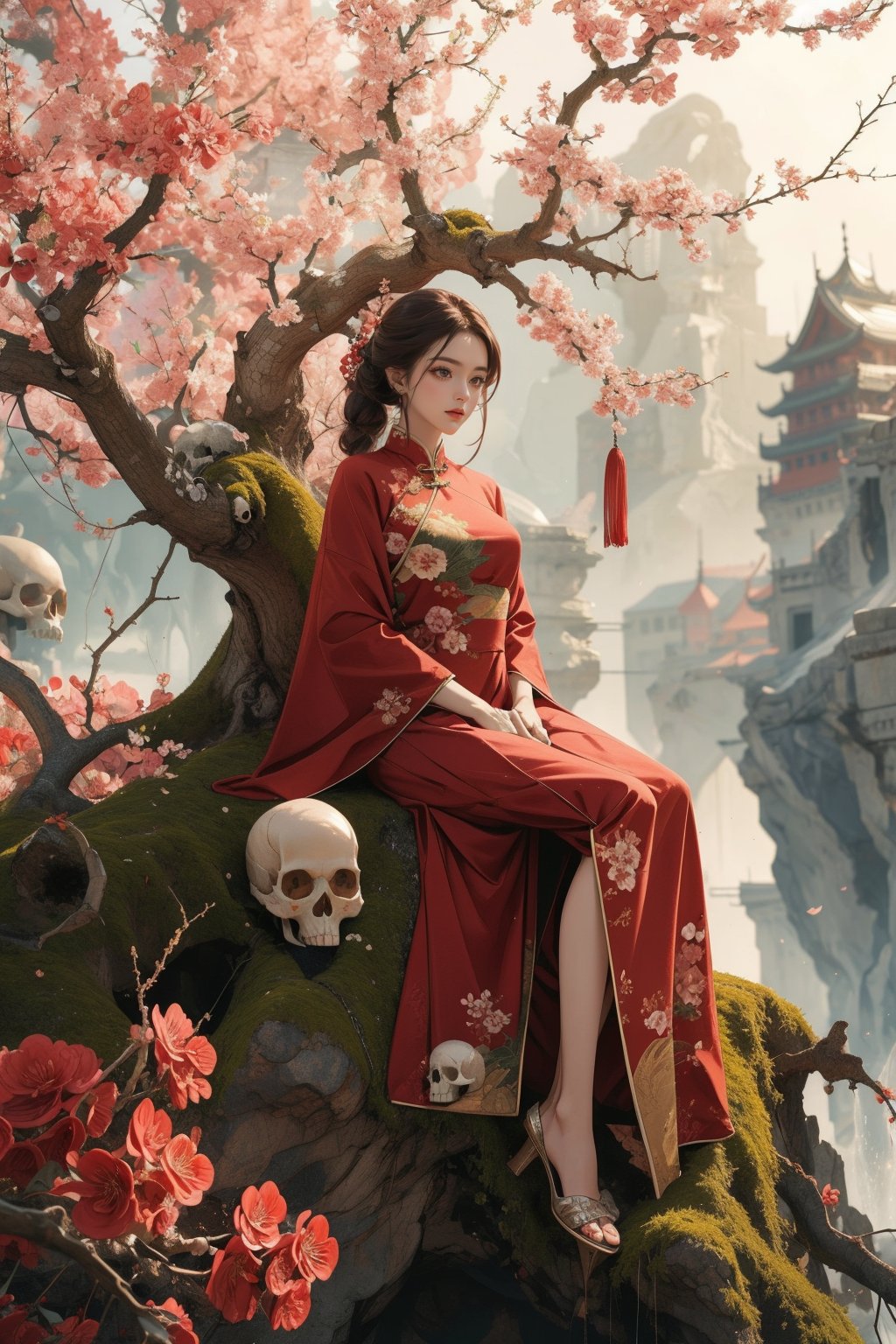 1girl,solo,full body,many skulls,branch,outdoors,china dress,a huge tree,sitting under a tree,<lora:麻袋2024-023桃权重0.6-0.8:0.8>,, masterpiece,best quality,ultra-detailed,