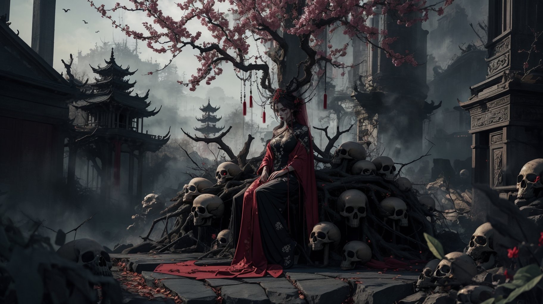 1girl,solo,full body,many skulls,tree,branch,outdoors,china dress,zhongfenghua,black_theme,spider legs,terror theme,spizzy,chinese architecture,forest,night,<lora:麻袋2024-023桃权重0.6-0.8:0.6>,<lora:怪物女王v1.1:0.6>,spider silk,, masterpiece,best quality,ultra-detailed,