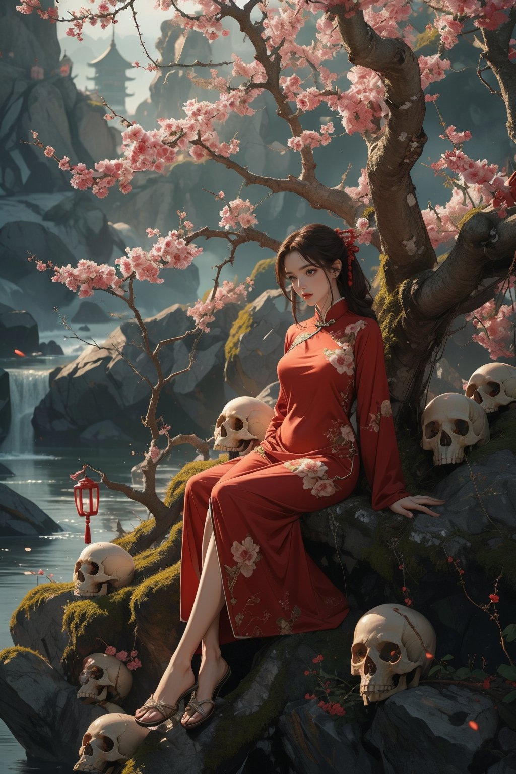1girl,solo,full body,many skulls,branch,outdoors,china dress,night,<lora:麻袋2024-023桃权重0.6-0.8:0.8>,a huge tree,sitting under a tree,, masterpiece,best quality,ultra-detailed,