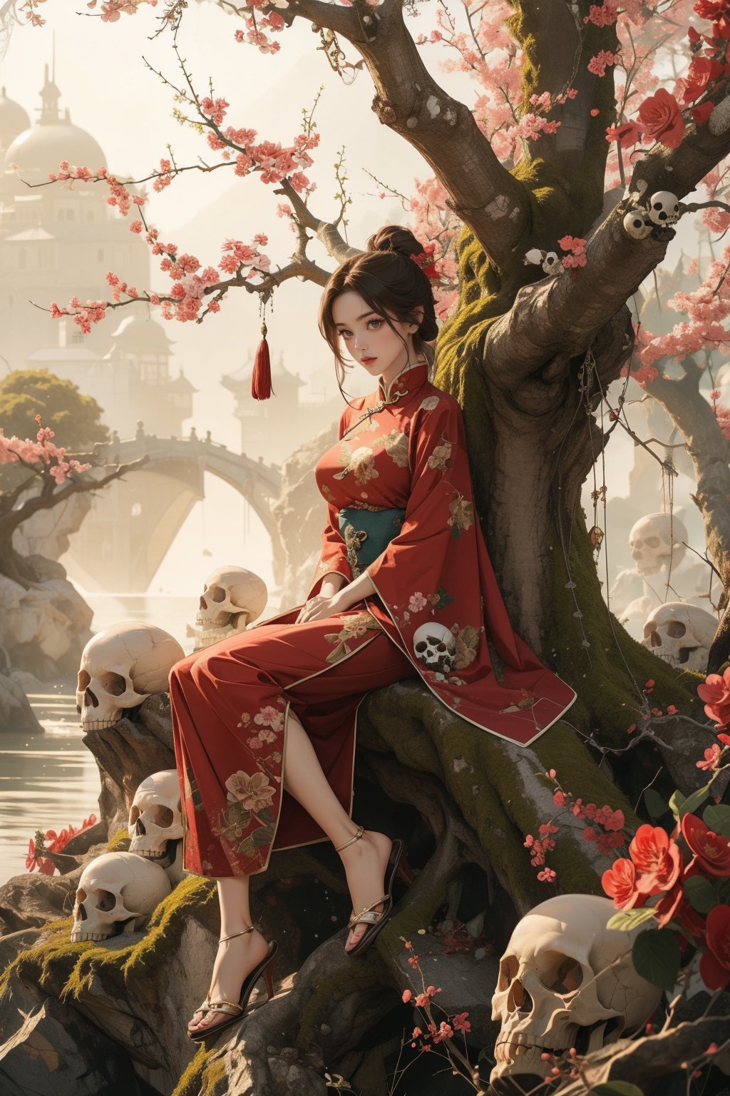 1girl,solo,full body,many skulls,branch,outdoors,china dress,a huge tree,sitting under a tree,<lora:麻袋2024-023桃权重0.6-0.8:0.8>,, masterpiece,best quality,ultra-detailed,