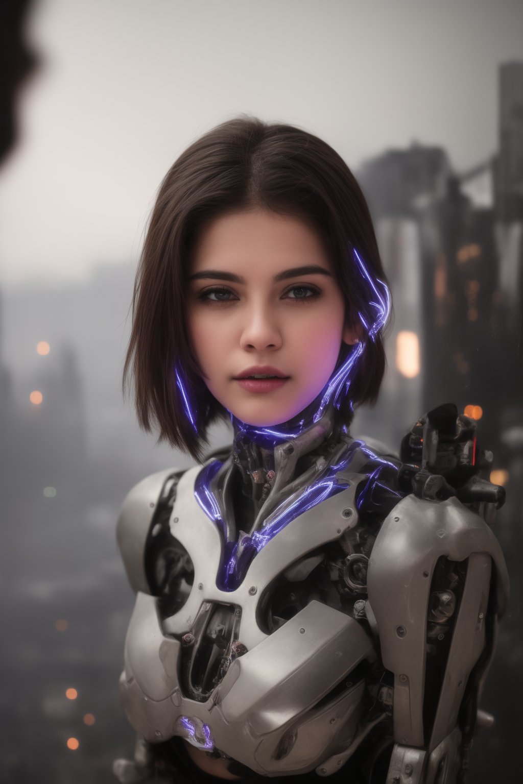 (best quality, 4k, 8k, highres, masterpiece:1.2), ultra-detailed, physically-based rendering, professional, neon led light, vivid colors, bokeh, cyborg girl, made only glass, neon cables, gears, transparent body, mechanical details, glowing eyes, reflective surface, subtle reflections, ethereal, luminous, metallic highlights, sci-fi, futuristic, neon lights, blue and purple color palette, dynamic lighting,Mallugirl,Mecha body,,CyberpunkWorld,27 year old girl,bul4n,n4git4,tsumuri,kokoroaoshima,Fuj1,vanessh4,gheayoubi,Billie Eilish ,cislan,25 year old girl ,Mallu ,Cyberpunk,Women ,1 girl,photo of perfecteyes eyes,27 old girl,photorealistic