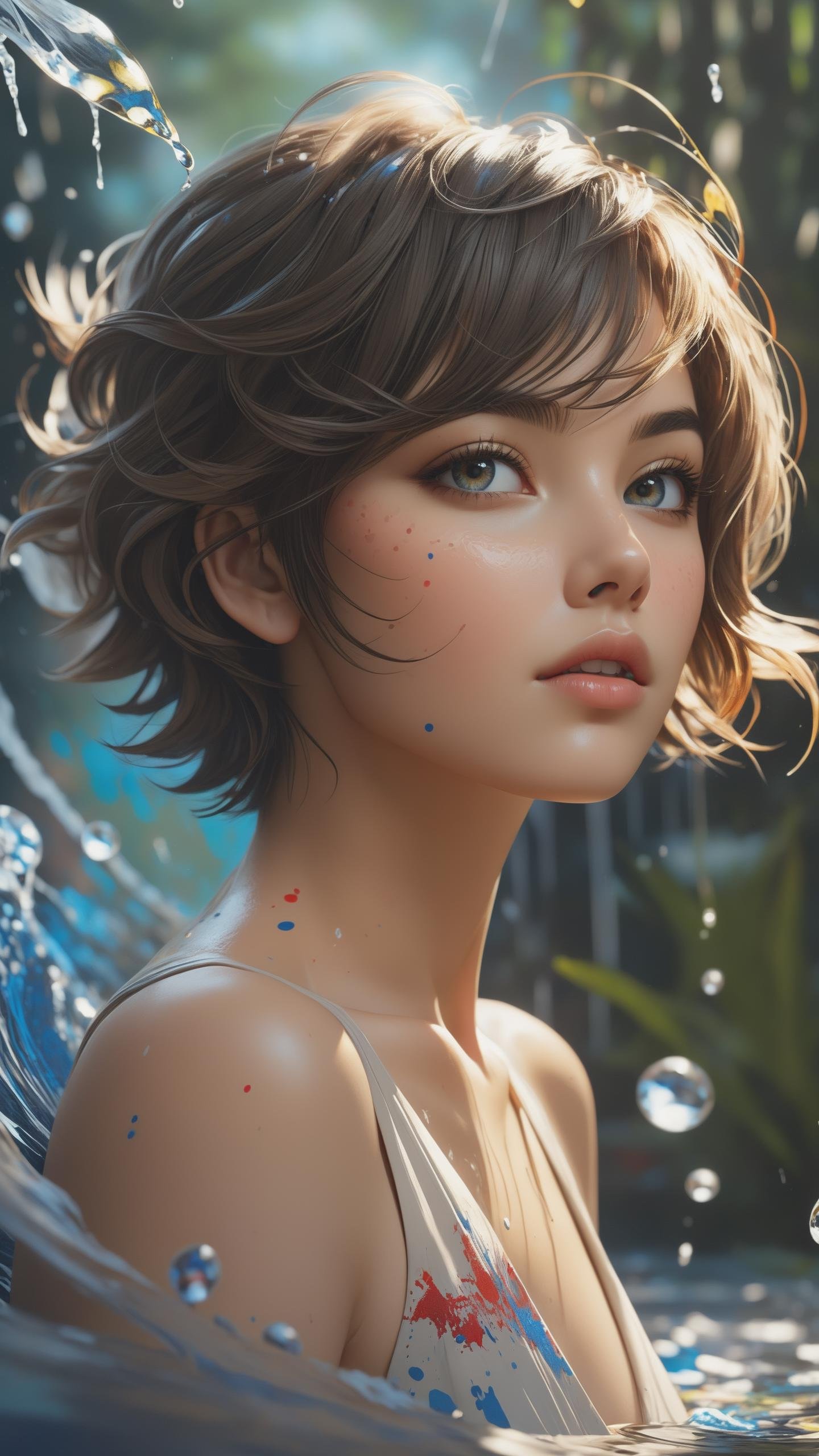 (splattered masterpiece:1.5), (best quality:1.2), (aesthetic + beautiful + harmonic), sharpen details, (intricate details:1.2), (detailed face, detailed body, detailed eyes, detailed mouth, detailed scenery, detailed hands:1.5), (beautiful girl, splattered short hair), light colored eyes, splattered clothes, (water colored splattered background:1.5), ASCIIfine detail, intricate, elegant, complex, highly enhanced, dynamic ambient background, flowing colors, beautiful full color, aesthetic, very inspirational, intriguing, creative, appealing, lovely, marvelous, fabulous, magnificent, gorgeous, breathtaking artistic, sharp focus, clear professional, relaxed, extremely attractive, romantic, cinematic, dramatic, spectacular, by Jorg Karg