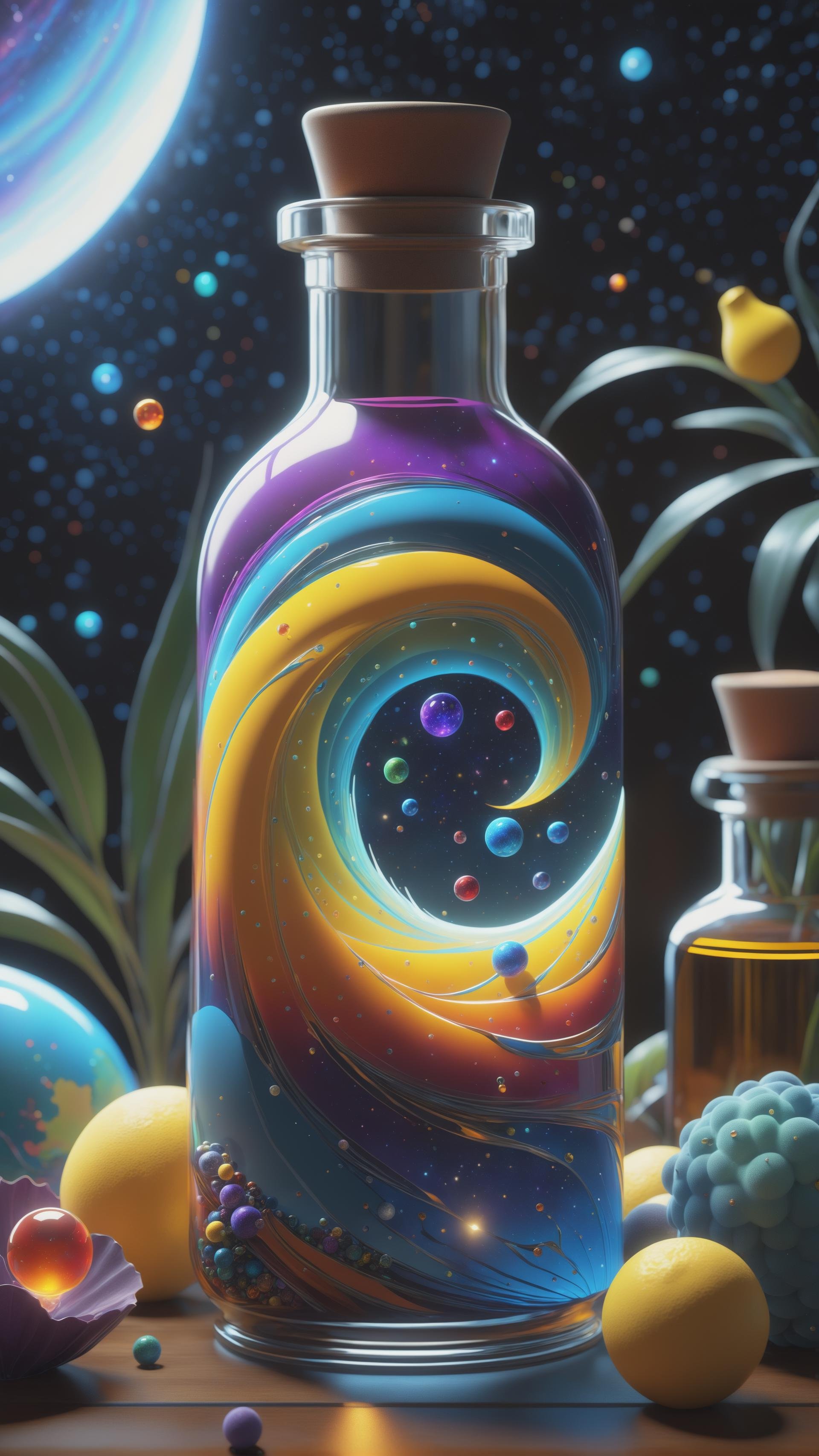 the entire observable universe in a single bottle, Dreamlike, Surreal landscapes, Mystical creatures, Twisted reality, Surreal still life, (Extremely Detailed Oil Painting:1.2), glow effects, god rays, Hand drawn, render, 8k, cartoon, octane render, cinema 4d, blender, dark, atmospheric 4k ultra detailed, cinematic sensual, Sharp focus, humorous illustration, big depth of field, Masterpiece, colors, 3d octane render, 4k, concept art, trending on artstation, hyper realistic, Vivid colors, extremely detailed CG unity 8k wallpaper, trending on ArtStation, trending on CGSociety, Intricate, High Detail, dramatic, (masterpiece), (best quality), (ultra-detailed), (unreal engine), (octane render), (HDR)
