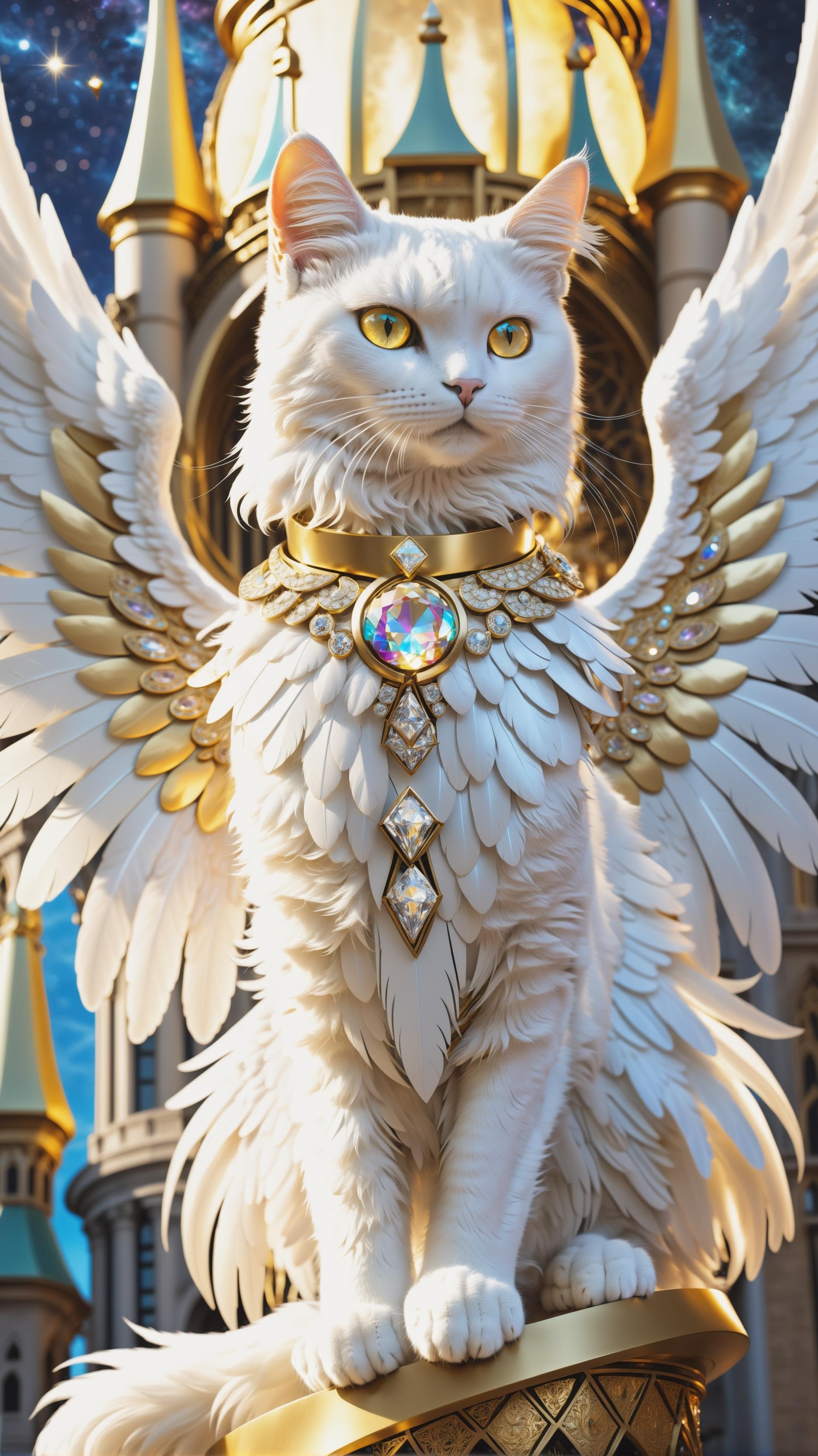 8k, Fluffy White Angel cat perched upon golden bejeweled tower in a heavenly utopian city, huge feathery angel wings, glowing nebula eyes, white flowing clouds, ivory armor with diamond gem inlay, trending on artstation, sharp focus, studio photo, intricate details, highly detailed, by tim burton