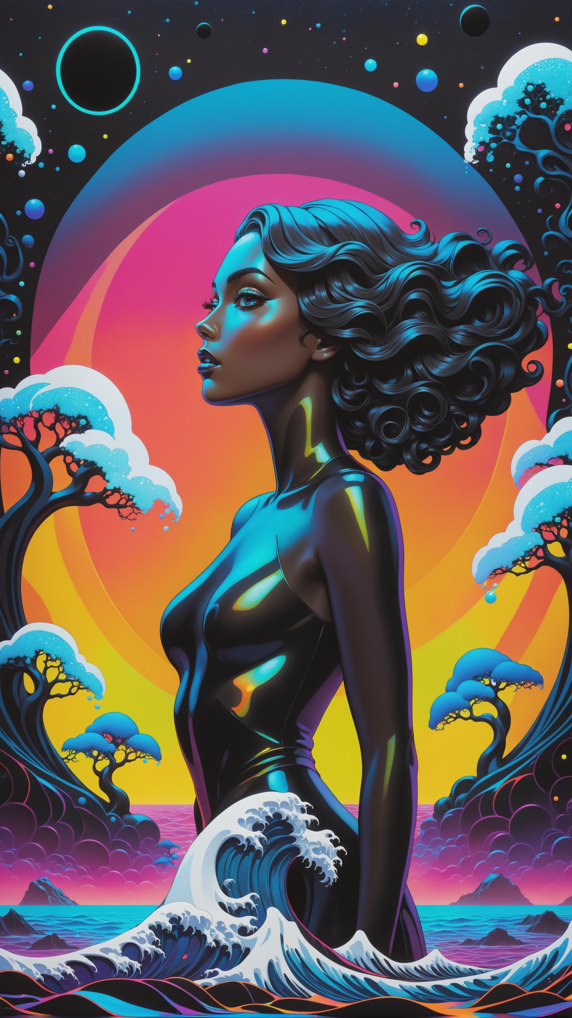 in the style of artgerm, comic style,3D model, mythical seascape, negative space, space quixotic dreams, temporal hallucination, psychedelic, mystical, intricate details, very bright neon colors, (vantablack background:1.5), pointillism, pareidolia, melting, symbolism, very high contrast, chiaroscuro