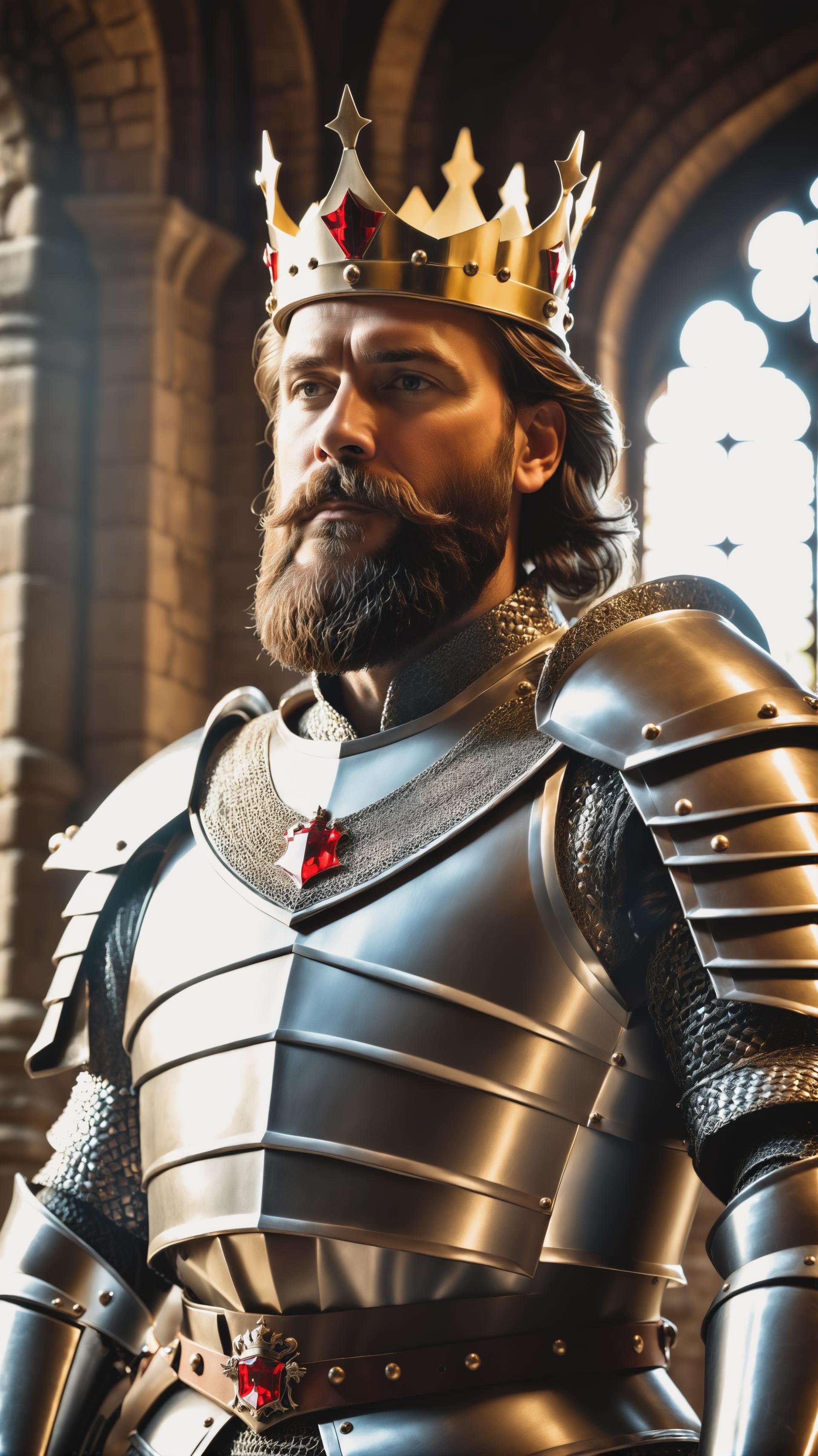 best quality, 500px, cgsociety, 8k, raw photo of (beautiful:1.2) human king, wear king crown, king armor, 40 years old, beard, in castle, full body, ambient light, backlight, volumetric lighting, realistic, realistic lighting, cinematic lighting, depth of field, sharp focus, (high contrast:1.2), (film grain)