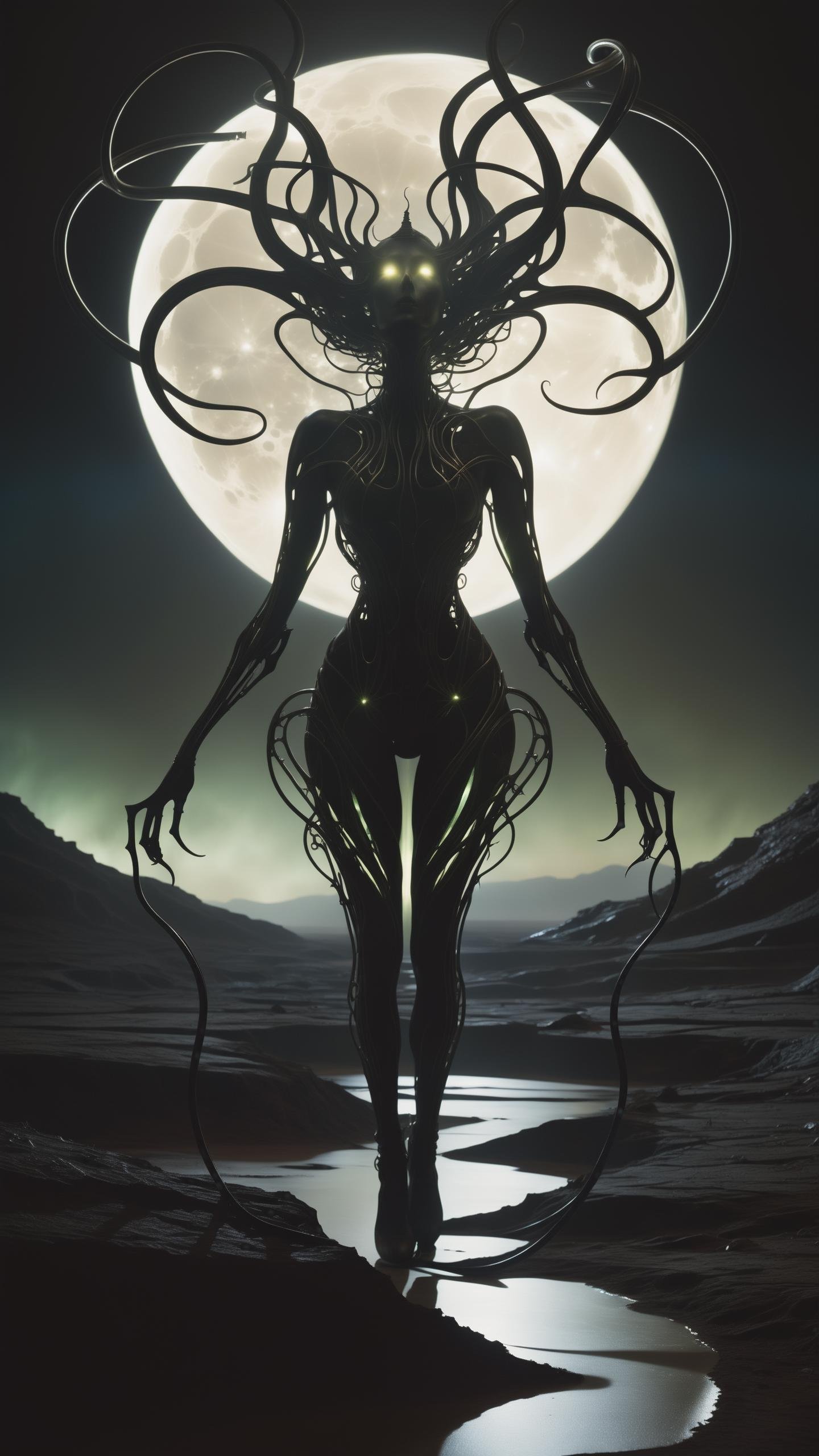 In a desolate, moonlit landscape, a lone figure emerges, their silhouette contorted and grotesque against the eerie glow. Closer inspection reveals a fusion of organic and mechanical elements—sinister tendrils of pulsating flesh intertwining with cold, metallic structures. The figure's skin appears as if it's unraveling, revealing glimpses of something otherworldly beneath. The air is thick with an otherworldly hum, and a sickly, iridescent light emanates from the aberrant fusion. This image prompt invites exploration into the realm of body horror, prompting creative minds to unravel the unsettling narrative within this grotesque tableau