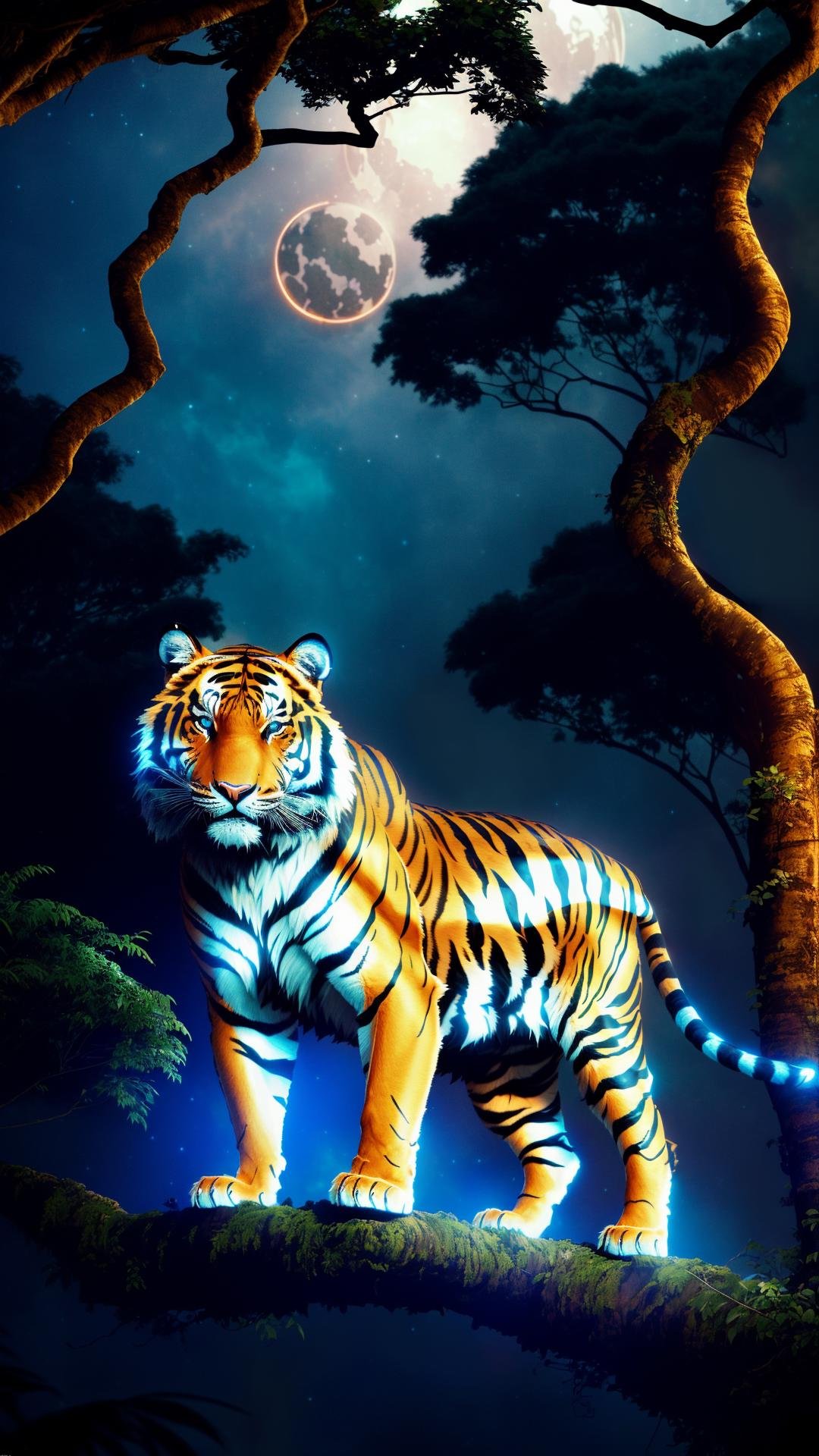 a photograph of a full body mechanical tiger in copper and blue glowing eyes, perched on a tree in the jungle at night, art by Ridley Scott, ultra highly detailed, cinematic, 32k, intricated, high quality,  complex patterns, rust, hell, doom eternal, doom eternal marauder