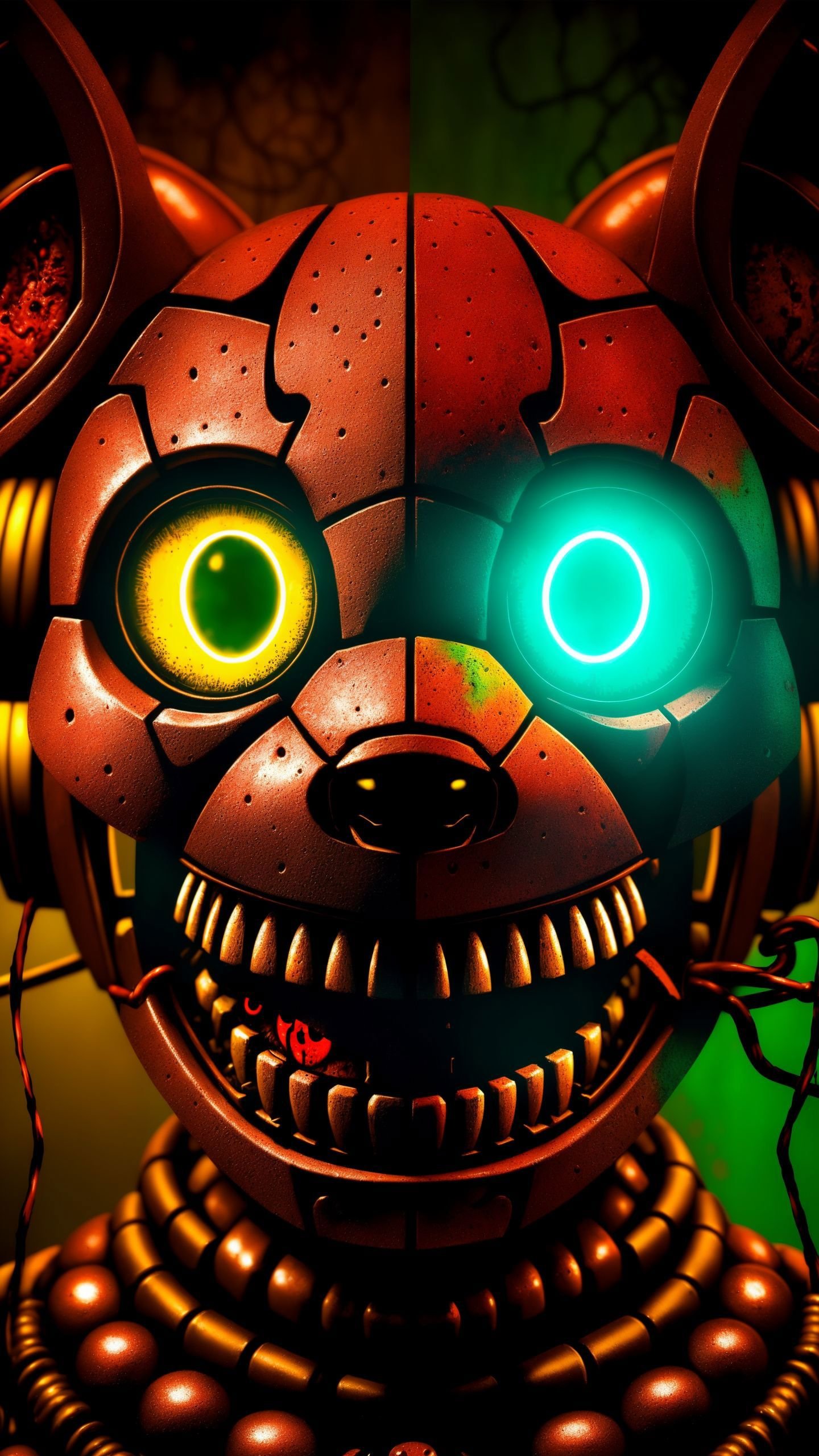 Springtrap, Nightmare Springtrap, realistic springtrap, fnaf springtrap, creepy springtrap, realistic springtrap, rainbow bloody veins growing and intertwining out of the darkness, Springtrap potrait, oozing thick blue blood, sharp neon, veins growing and pumping blood, vascular networks growing, springtrap costume, green veins everywhere, (Muted colors:1.1), (Cross-hatching:1.1), (Infrared:1.2), rust, Hypercube, ultra detailed, intricate, oil on canvas, ((dry brush, ultra sharp)), (surrealism:1.1), (disturbing:1.1), sparks, lensflare, rim lighting, backlighting, dark atmosphere, RTX, post processing, fnaf pizzeria