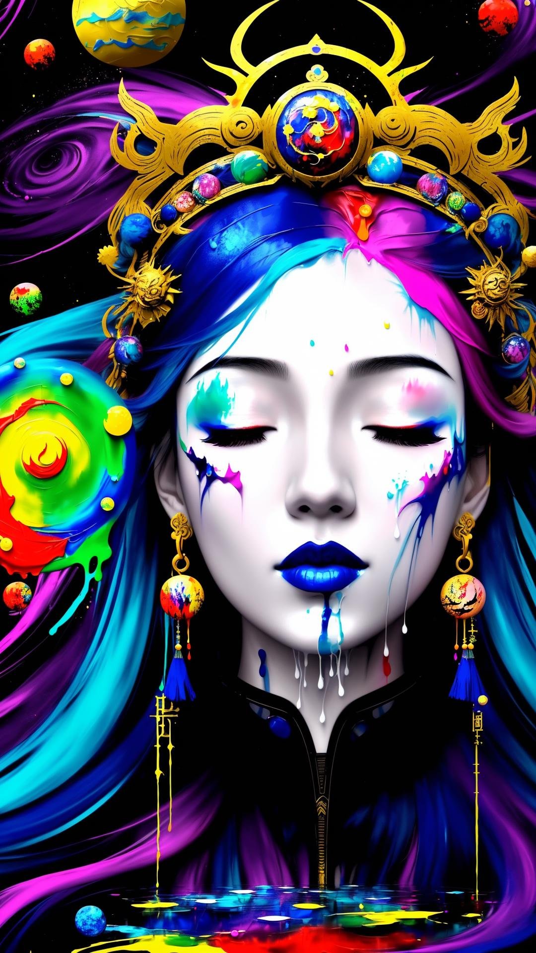 a beautiful girl, closed eyes, portrait, horror anime style, dread and fear, (((splash of paint))), (((colorful))), (((floating colorful paint))), goddess of death, Japanese mythology, (featuring mythical creatures), solar system, milky way, dream, fantasy, (abstract background:1.3), masterpiece, ultra realistic, 32k, extremely detailed CG unity 8k wallpaper, best quality
