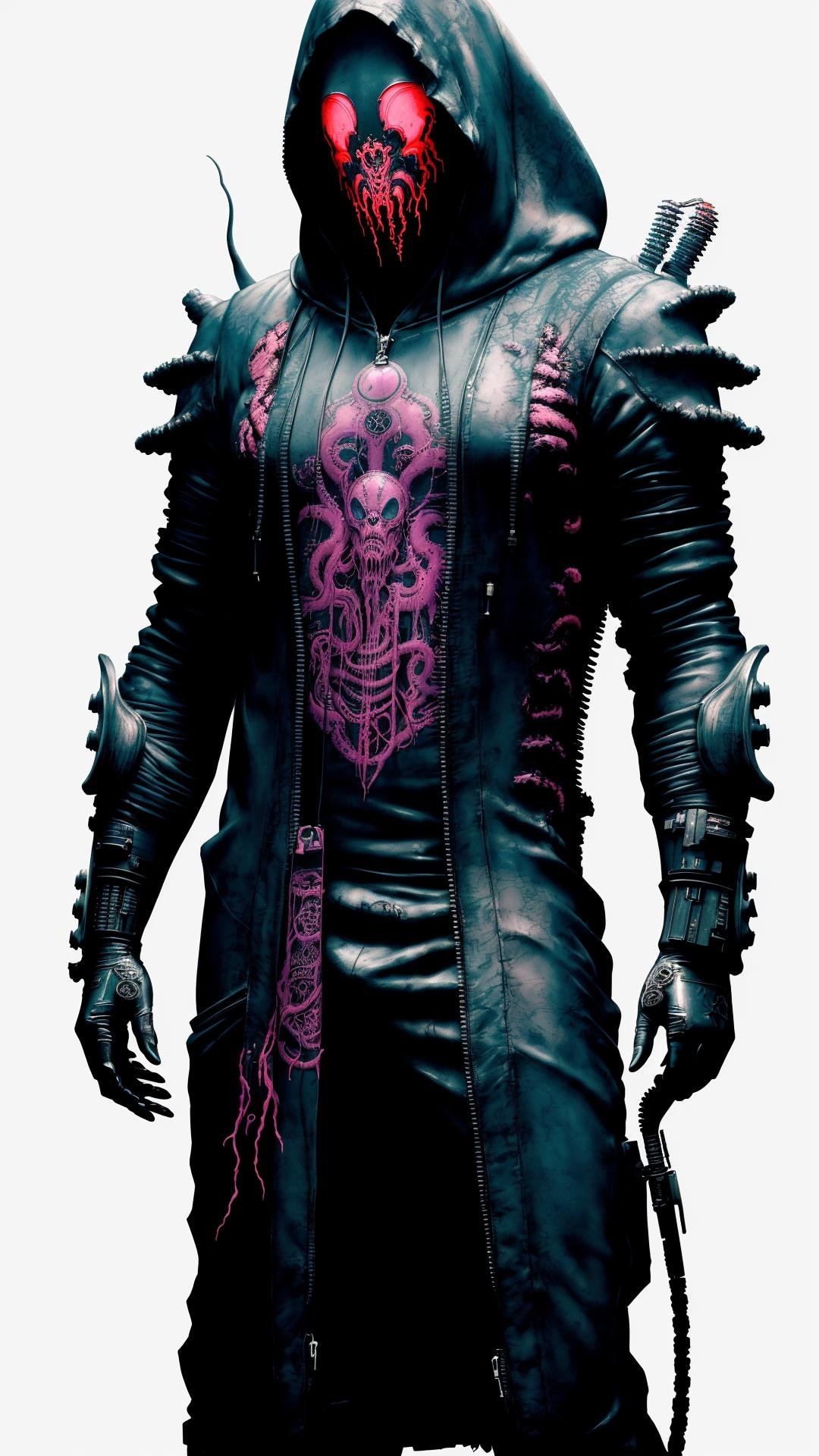 best quality, high resolution, distinct_image, alien, giger, viscera, post-apocalypse, peeled flesh, guro,broken creature, deadman, powerful figure, striking appearance, intricate tattoos, scars, hooded robe, hides their face, only their eyes visible through the shadow, tentacles, (black), (blue dark), (Frightening:1.3), (RFNKTRY), vaporwave, synthwave, cyberpunk, (by Artist Akihiko Yoshida:1.3), (by Artist Ross Tran:1.3), (by Artist Tsutomu Nihei:1.3), masterpiece, 4k, HD, blush, paw, paw shoes, stunning gradient colors, no watermark signature, detailed background, woods, small lake with island, insanely detailed, ((masterpiece)), absurdres, HDR