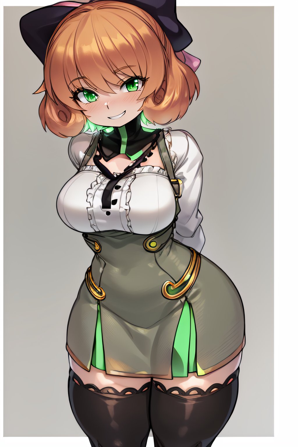 1girl, solo, masterpiece, best quality, high quality, highres, 4K, <lora:zanamaoria_artstyle-V01:1.0> za, (arms behind back:1.2), standing, smile, grin, large breasts, wide hips,<lora:PennyPolendinaV2-1024:1> Penny Polendina, (curly hair:1.2), short hair, (pink bow:1.1), gorget, (neon trim, gold trim:1.2), black thighhighs, short dress, grey dress, pencil skirt, white blouse, underbust,