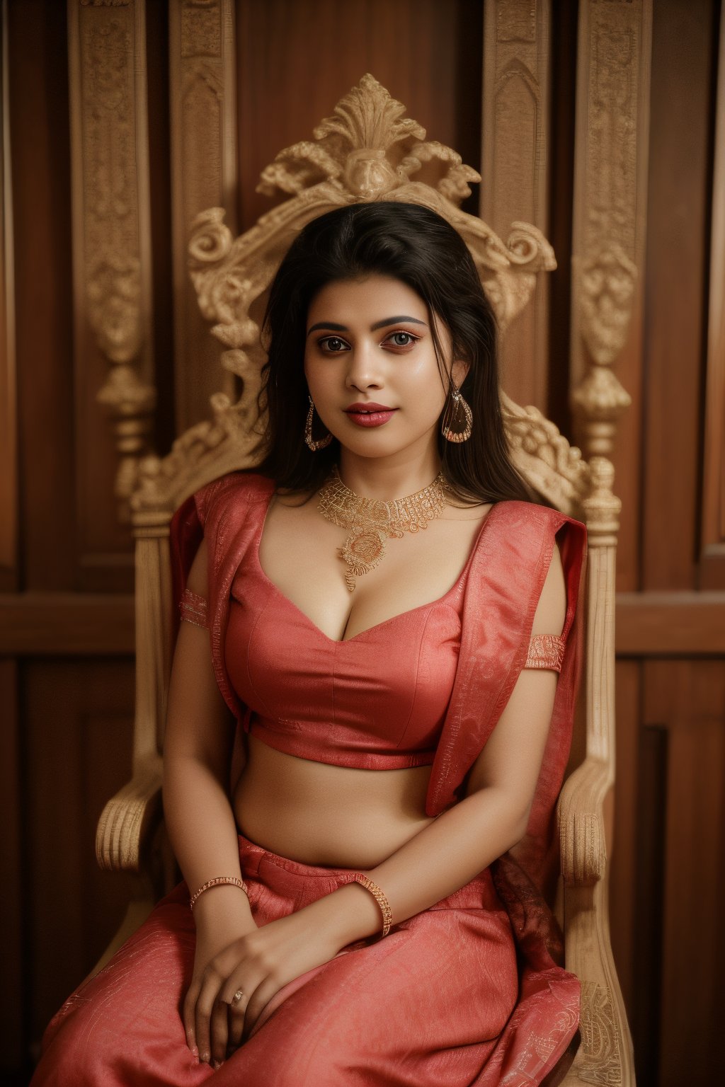 ((beautiful Indian 27 year princess sitting on throne in royal palace)) , looking_at_camera, , red hair, cute face smile , tight boobs , full length pic one side pose, Kerala traditional dress, realistic body skin, royal looking princess , body skin texture, face glow, atrective face, toxic eyes, round face, tight ,tight boobs, half cleavage visible,clothes texture good , brown eyes, looking forward, eyes people front look, image background , beautiful Kerala traditional woman , wearing red golden bra, yellow pink lehnga, stomach visible, heavy jewellery, (long hairs), cute smile, shiny eyes,prity eyebrow ,nice shape body,  crossed hand, full length body, sitting in roal palace, 8k render, realistic portrait of an Indian girl with a muscular body, showcasing natural spots, taut skin, in a confident sitting pose, adorned in traditional Rajasthani princess attire, emphasizing realism and cultural authenticity, royal rajwadi background, palace in background, traditional Indian dress, realistic, smiley face, glow face, little bit fatty face, red dress colour, pink lipstick, bold lips, dress colour same like image, dressing like image, standing pose like image all specifications like image, rajwadi jwellery pandent, necklace, realistic.,Mallu ,Girl,photorealistic,Indian