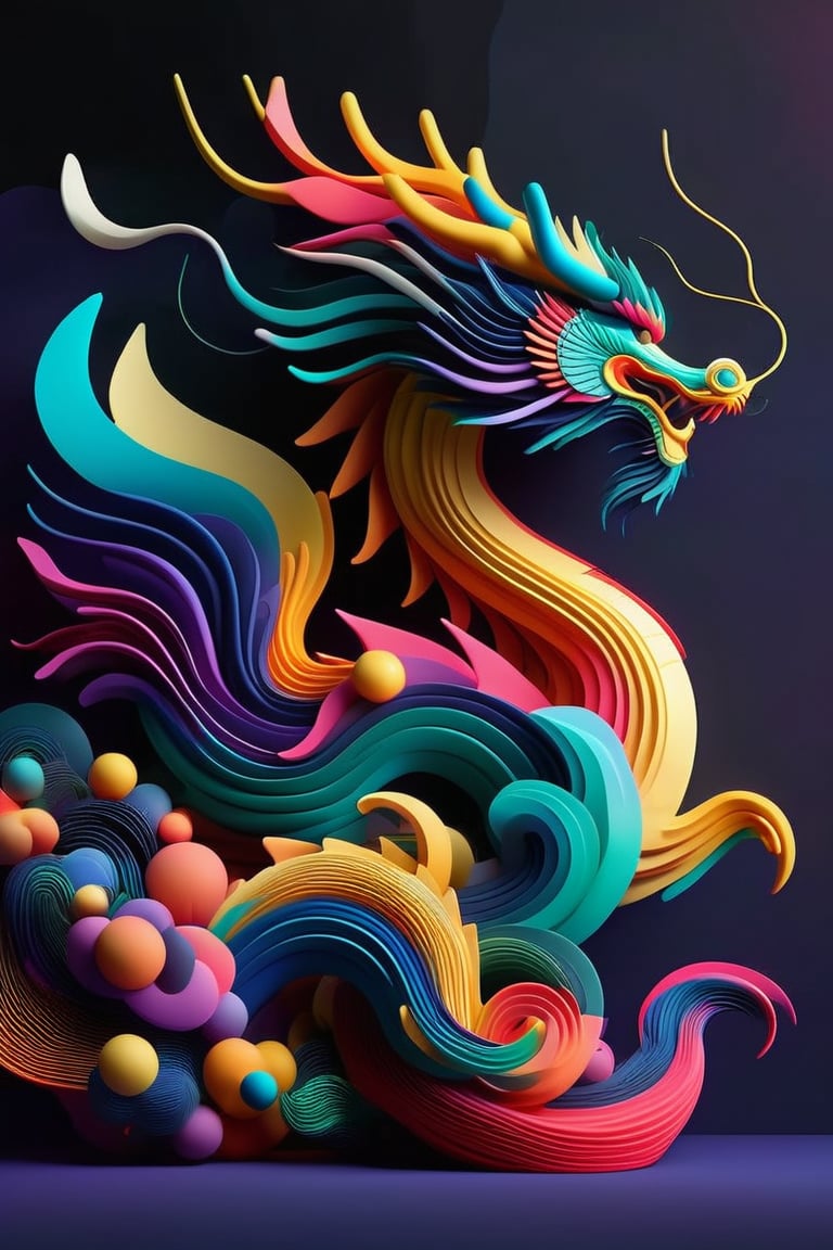 abstrgn dragon from a side view, minimalistic colourful organic forms, energy assembled, layered, depth, alive vibrant, 3D, abstract, full body, no humans, powerful claws, majestic tail, sweeping intricate horns, floating particles, eastern dragon, shadow, simple dark star-filled background