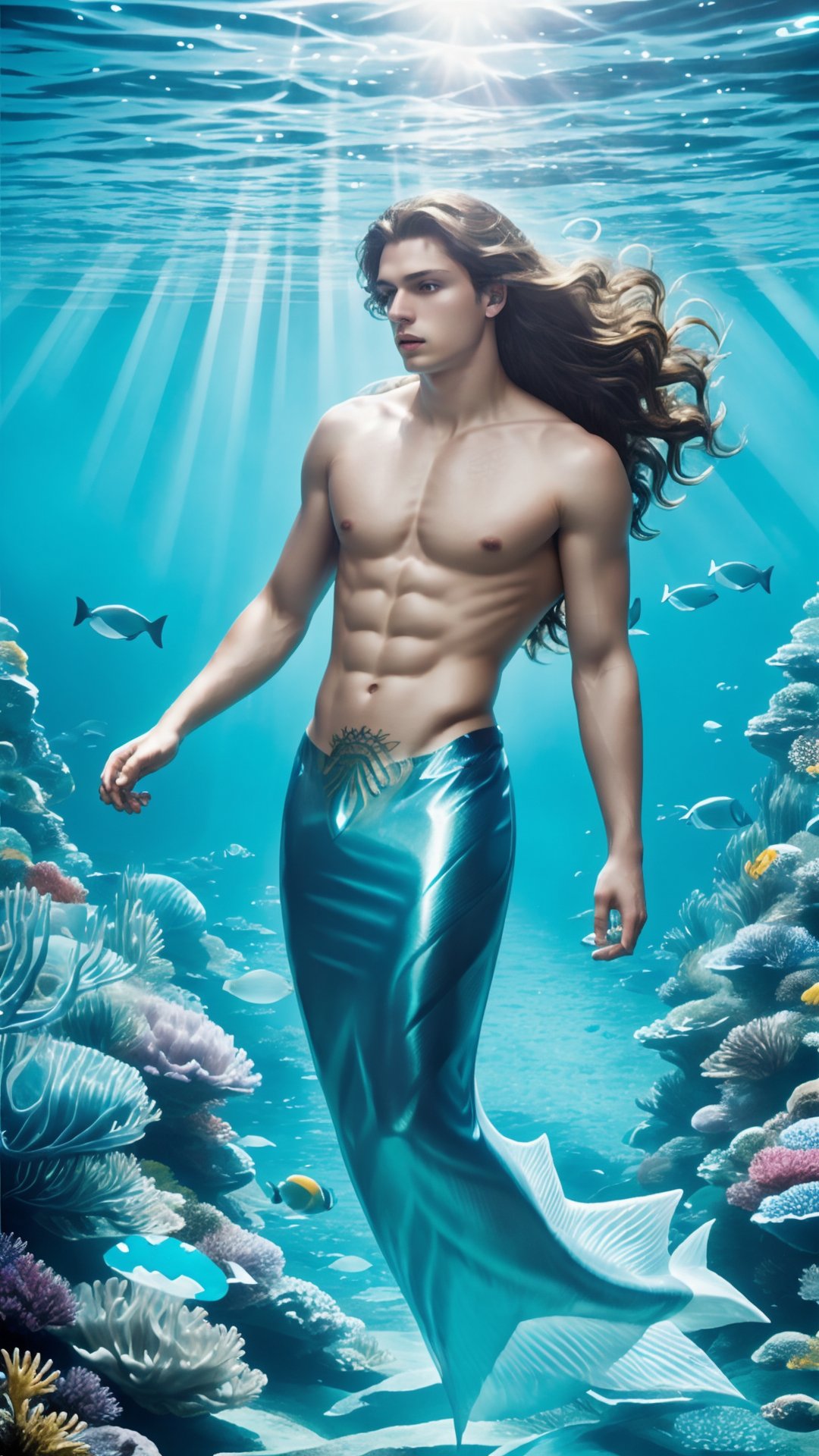 1boy,  solo, male focus, full body,  long hair,  underwater, fantasy,  siren_core