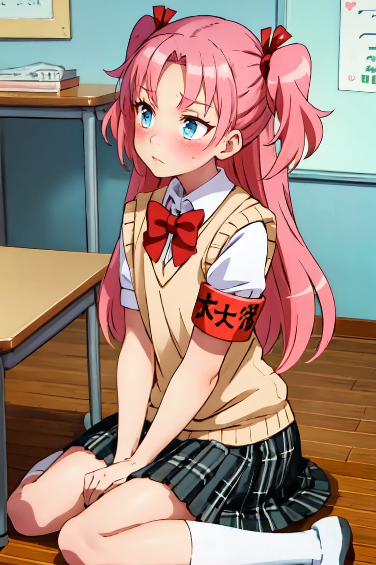 Masterpiece, best quality,solo,long hair,blush,blue eyes,skirt,1boy,bow,ribbon,twintails,sitting,school,uniform,hair ribbon,pink hair,male focus,socks,two side up,plaid,plaid skirt,wariza,otoko no ko,armband,sweater vest,crossdressing,HimeArikawa