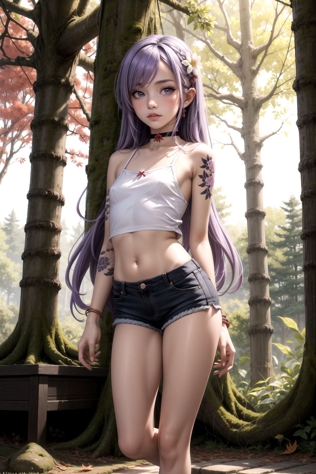 masterpiece, best quality, highly detailed, 1girl, small breasts, petite, long hair, light purple hair, ((gradient hair)), grey eyes, flower tattoo, (irezumi: 1.4), leg tattoo, arm tattoo, white camisole, crop top, flower print, micro shorts, choker, barefoot, anklet, autumn, tree, forest, falling leaves, dusk, scenery, contrapposto, <lora:more_details:0.5>,