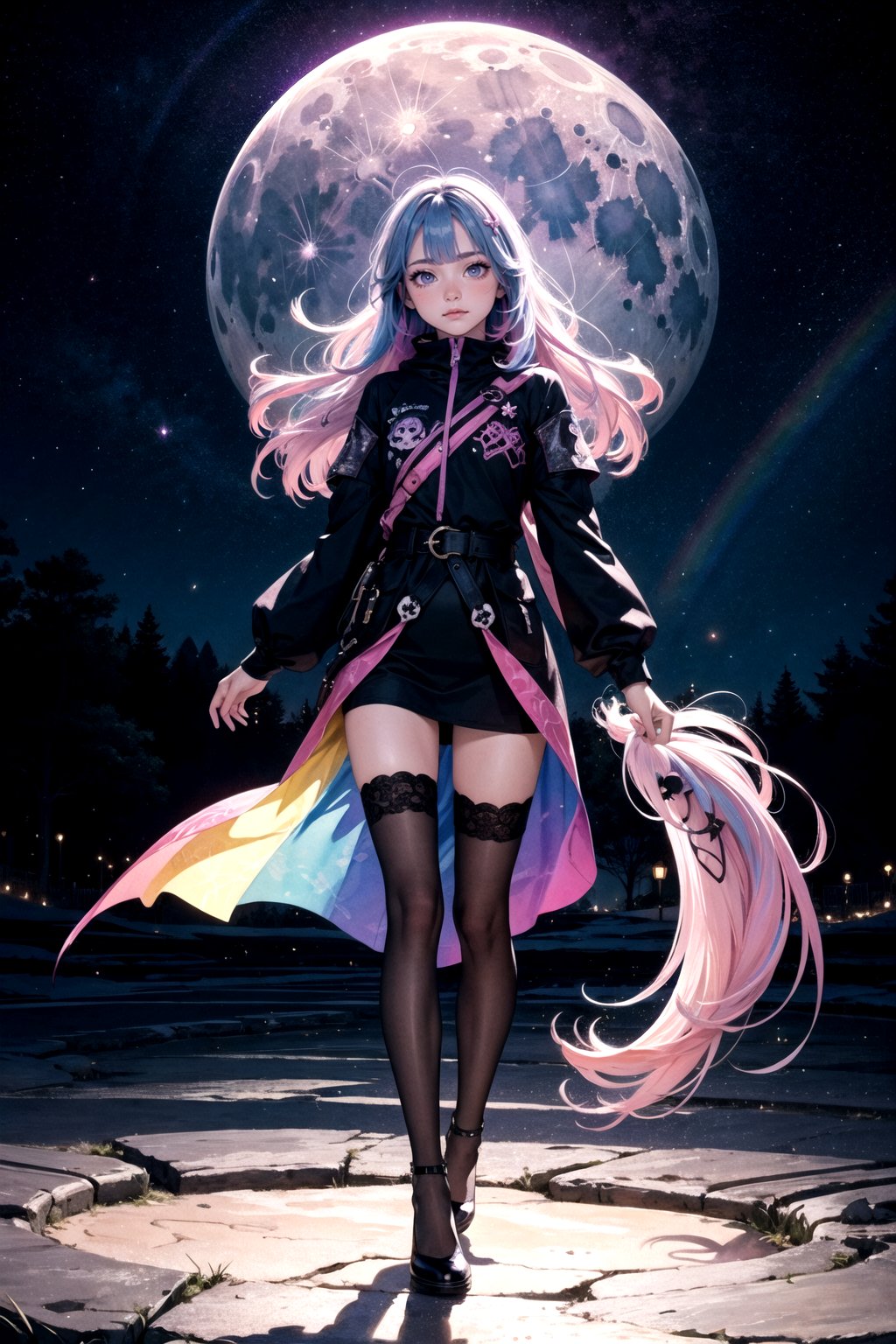 (masterpiece, top quality, best quality,watercolor (medium),official art, beautiful and aesthetic:1.2),(1girl:1.3), (fractal art:1.3),full body, looking at viewer,patterns,(rainbow color Hair,colorful hair,half blue and half pink hair:1.2), Movie Light, (Hell Building), Death Light, (Purple Particle), Demon, Moon, Bright Moonlight Skull, Very long hair, clothes with ridiculous Details, Whirlwinds,