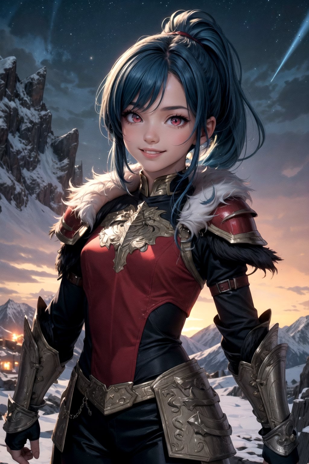 vibrant colors, girl, masterpiece, sharp focus, best quality, depth of field, cinematic lighting, ponytail, blue hair, red eyes, fur armor, mountain, bright smile, night sky,<lora:more_details:0.5>