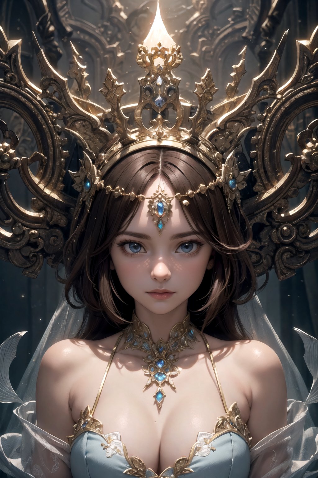 a gorgeous goddess wearing a stunningly cute fish cut dress,  symmetrical pretty face,  see-through,  cinematic fantasy,  magical atmosphere,  artstation,  hyper detailed,  high detail,  weta digital,  ray trace,  Unreal Engine,  Zbrush,  beautifully lit,  glow,  cinematic,  soft light,  detailed,  volumetric,  intricate,  high detail,  ghost,  fibonacci,  pi,  fractal,  glossy,  cgi,  photo-bash,  8k post-production,  masterpiece,  symmetric,  luxury,  subtle brown with gold accents Rock wall