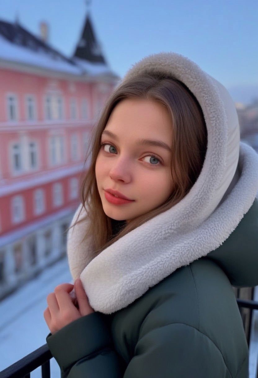 Anna, highly detailed face, on balcony, big lips, ,winter jacket, russian girl, looking at viewer, smirking, bokeh, sharp, ultra detailed 