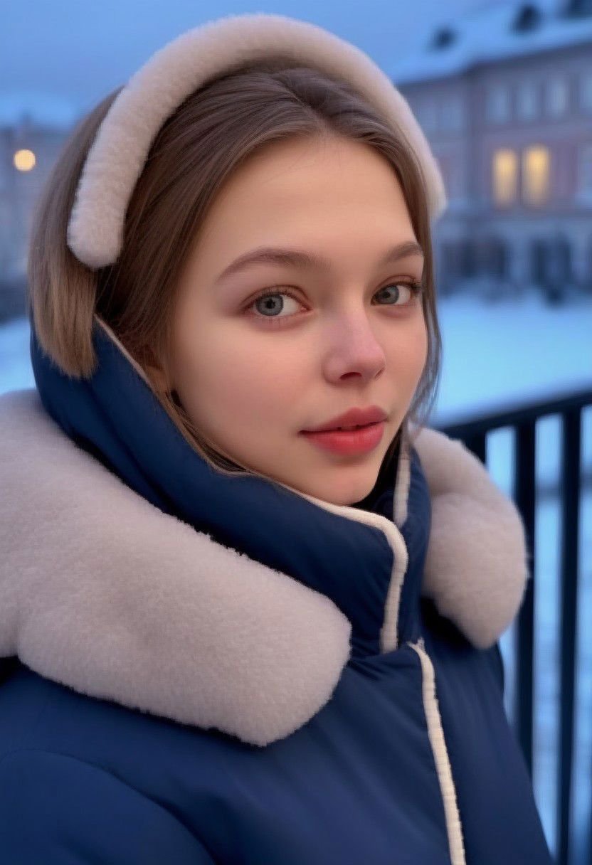 Anna, highly detailed face, on balcony, big lips, ,winter jacket, russian girl, looking at viewer, smirking, bokeh, sharp, ultra detailed 