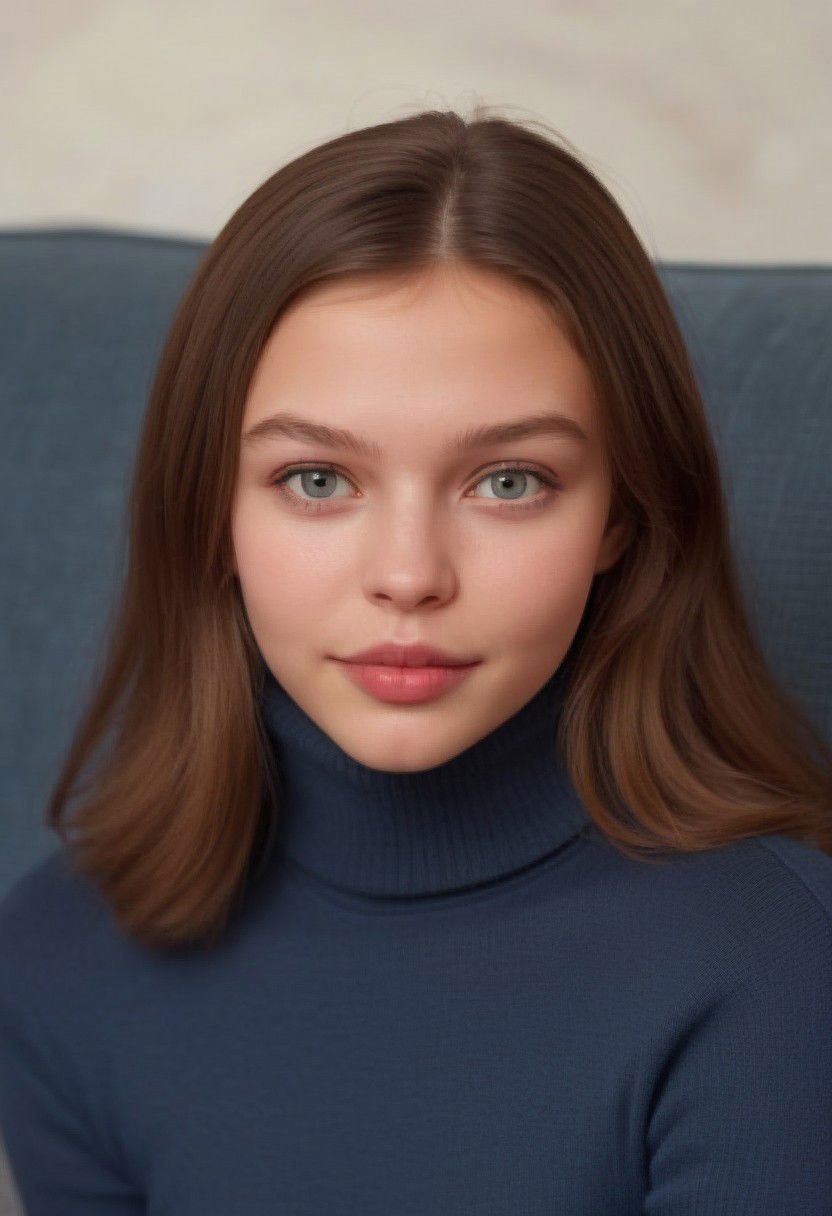 Anna, highly detailed face, sitting on couch, big lips, turtle neck, russian girl, looking at viewer, smirking