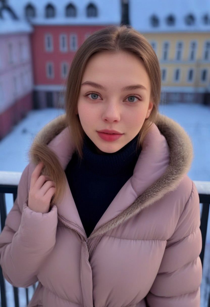 Anna, highly detailed face, on balcony, big lips, ,winter jacket, russian girl, looking at viewer, smirking, bokeh, sharp, ultra detailed 