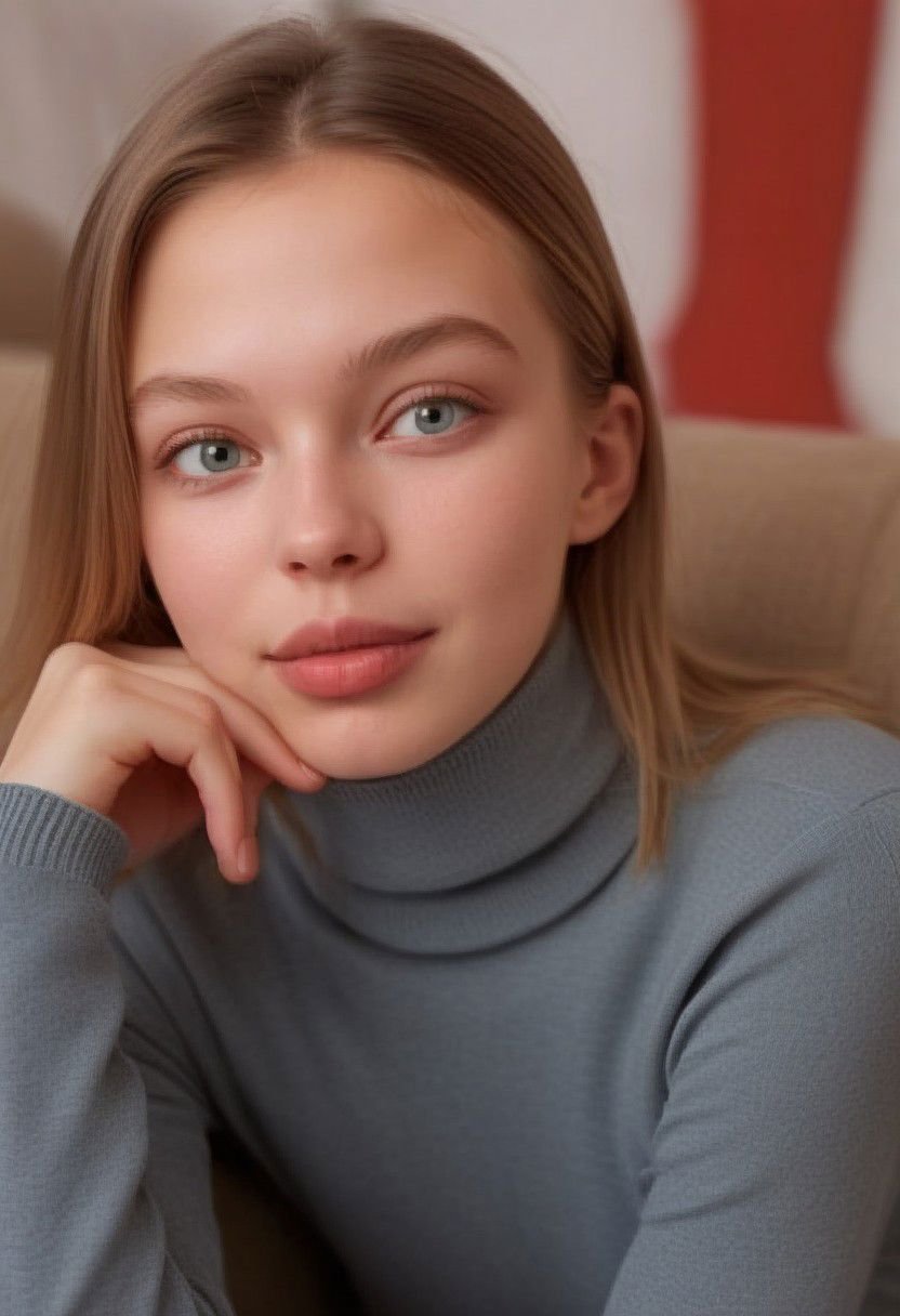 Anna, highly detailed face, sitting on couch, big lips, turtle neck, russian girl, looking at viewer, smirking