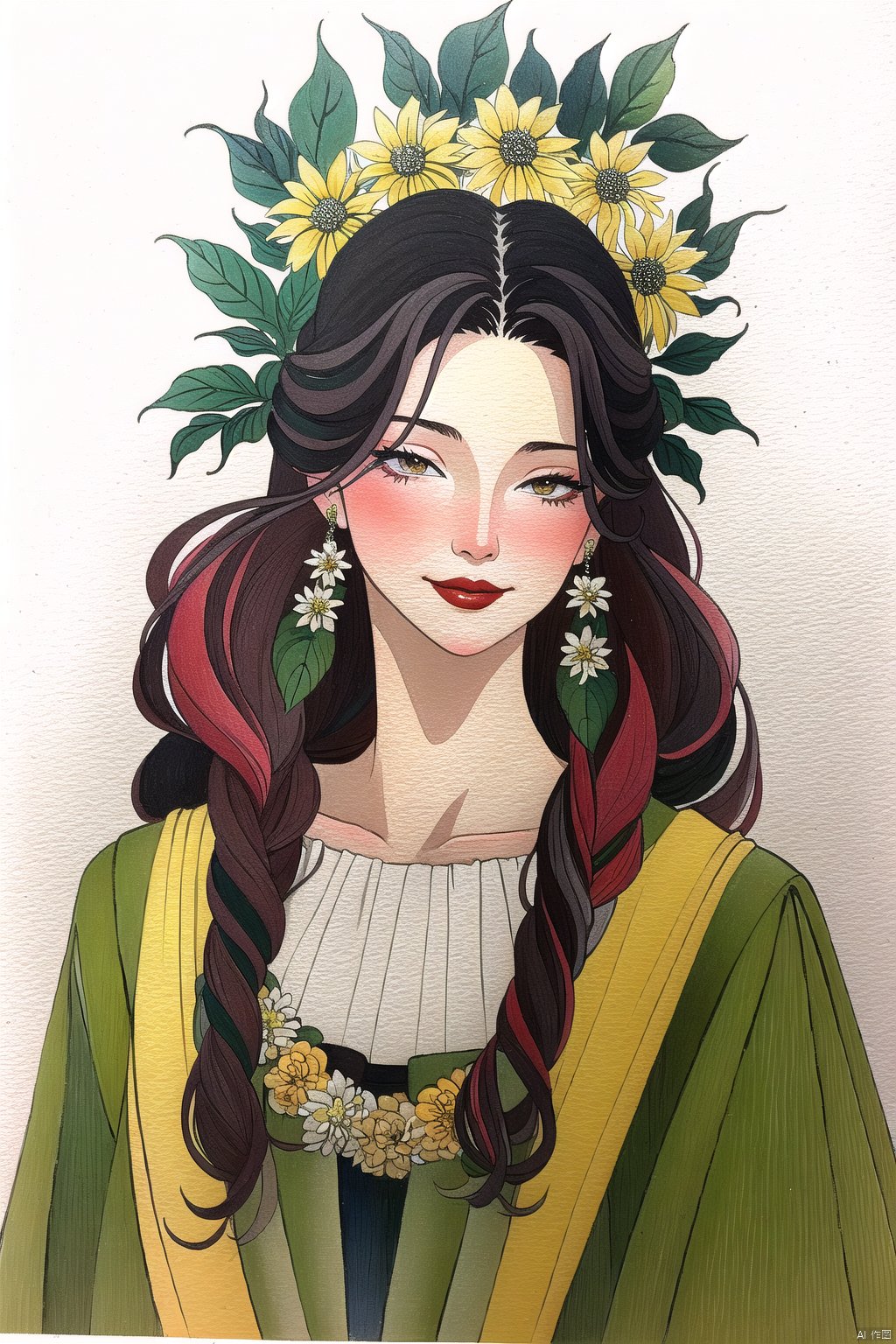 bgirl, 1girl, Exquisite facial features, wedding gown, looking-at-viewer, smile,  long hair,  red lips,  upper body,  blush,  multicolored hair,  leaf, plant,  leaf,  flower,  still life,  yellow flower,  traditional media,  painting \(medium\),  white background,<lora:EMS-275616-EMS:1.000000>