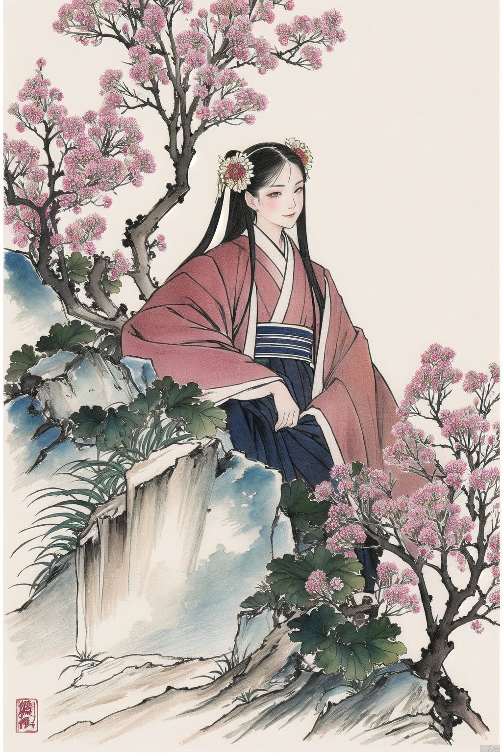 bgirl, 1girl, Exquisite facial features, looking-at-viewer, smile, hanfu,  flower,  traditional media,  painting \(medium\),  plant,  red flower,  watercolor \(medium\),  tree,  scenery,  branch,  seal,<lora:EMS-275616-EMS:1.000000>