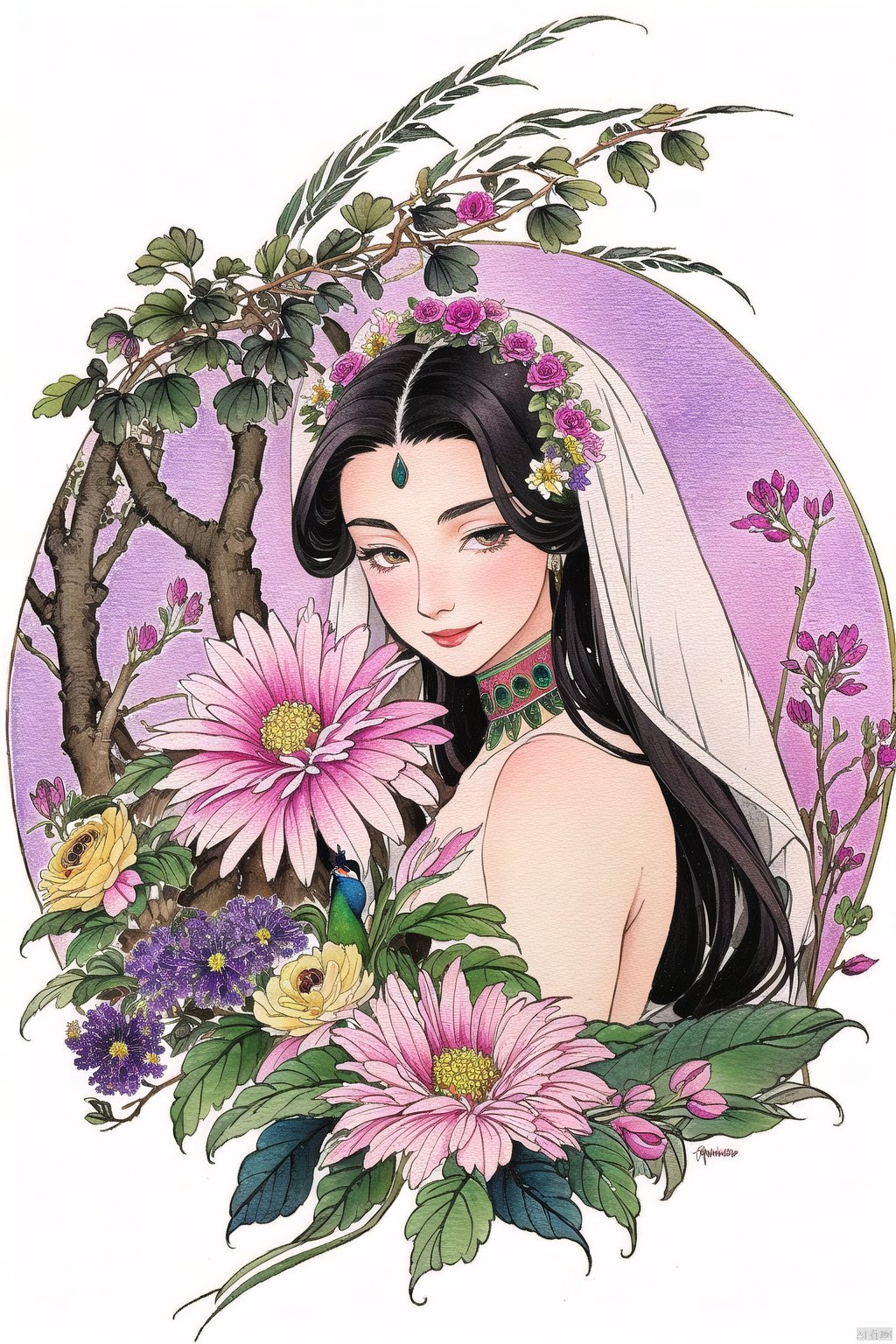 bgirl, 1girl, Exquisite facial features, wedding gown, looking-at-viewer, smile,  flower, painting \(medium\),  traditional media,  watercolor \(medium\),  pink flower,  tree,  leaf,  plant,  purple flower, (peacock:1.1),<lora:EMS-275616-EMS:1.000000>