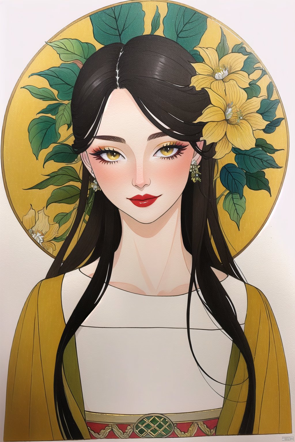 bgirl, 1girl, Exquisite facial features, wedding gown, looking-at-viewer, smile,  long hair,  red lips,  makeup,  upper body,  blush,  multicolored hair,  leaf, plant,  leaf,  flower,  still life,  yellow flower,  traditional media,  painting \(medium\),  white background,<lora:EMS-275616-EMS:1.000000>