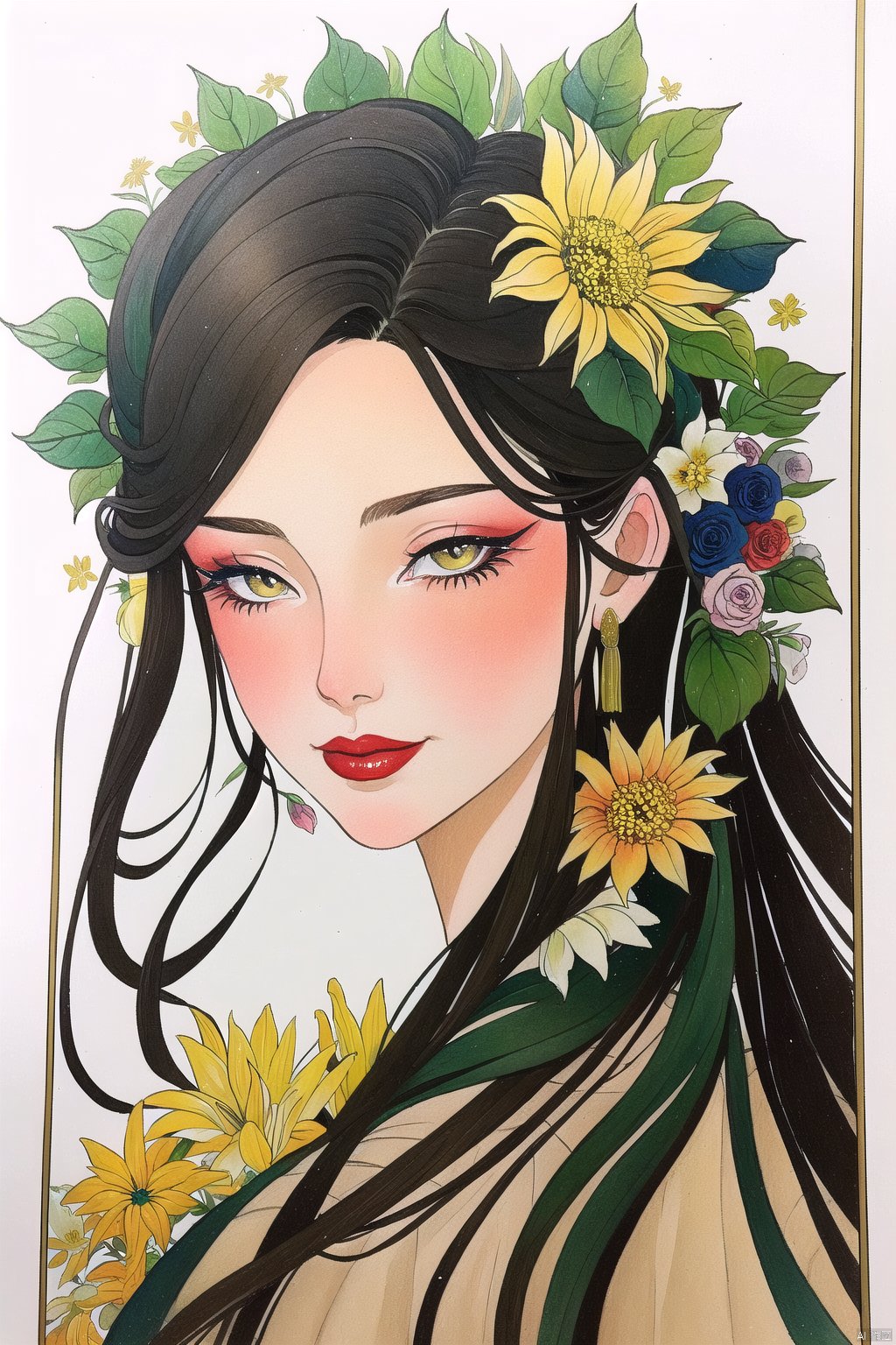 bgirl, 1girl, Exquisite facial features, wedding gown, looking-at-viewer, smile,  long hair,  red lips,  makeup,  upper body,  blush,  multicolored hair,  leaf, plant,  leaf,  flower,  still life,  yellow flower,  traditional media,  painting \(medium\),  white background,<lora:EMS-275616-EMS:1.000000>