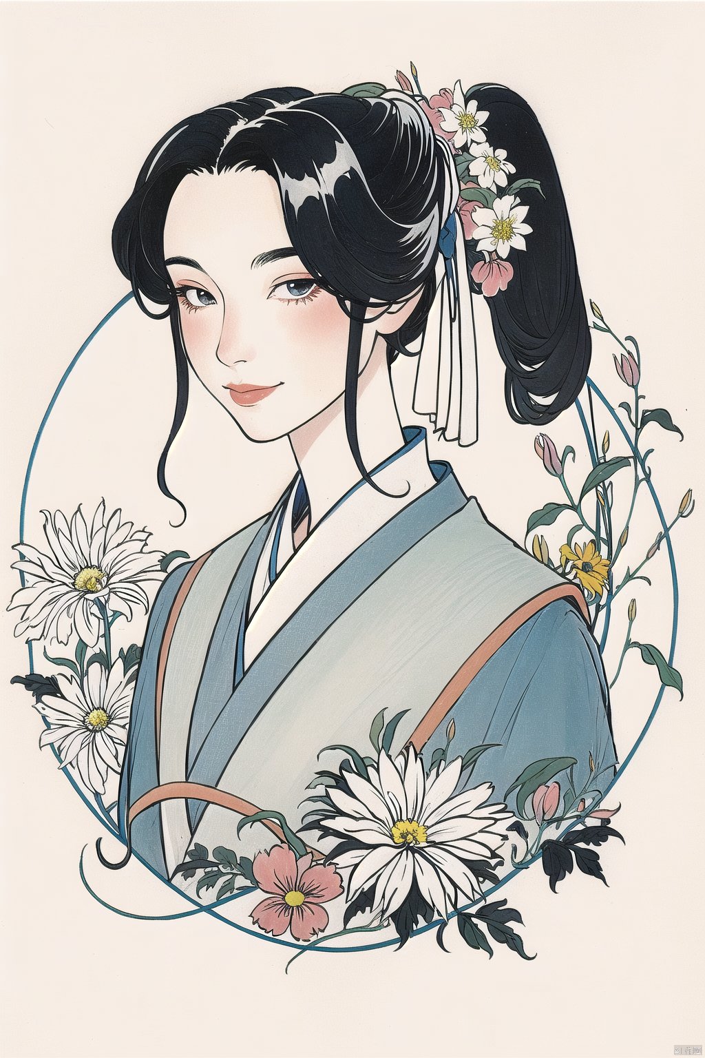 bgirl, 1girl, Exquisite facial features, looking-at-viewer, smile, hanfu, flowers, rock, leaf,<lora:EMS-275616-EMS:1.000000>