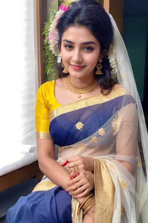 Cute girl, wearing saree, flower_in_hair, bridal beauty, bindi, 1girl, mahima