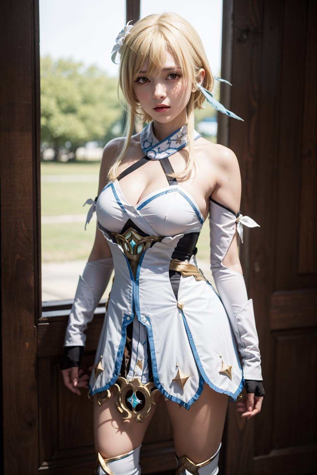 Real life, 1girl, GILumine, yellow eyes, bangs, blonde hair, hair between eyes, hair ornament, short hair with long locks, breasts, hair flower, feather hair ornament, detached sleeves, black gloves, thigh boots, bare shoulders, cleavage, boots, white footwear, cowboy shot, looking at viewer,   