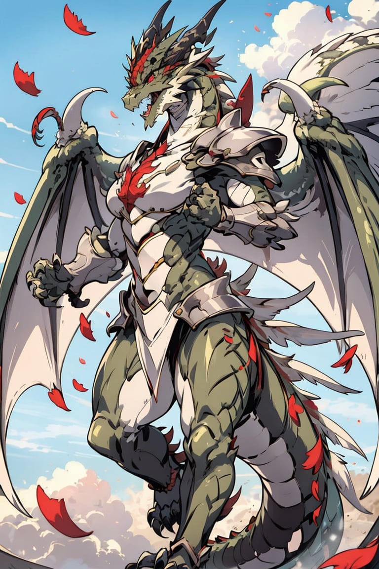 solo, open mouth, red eyes, tail, wings, horns, sky, teeth, armor, petals, no humans, claws, dragon, scales