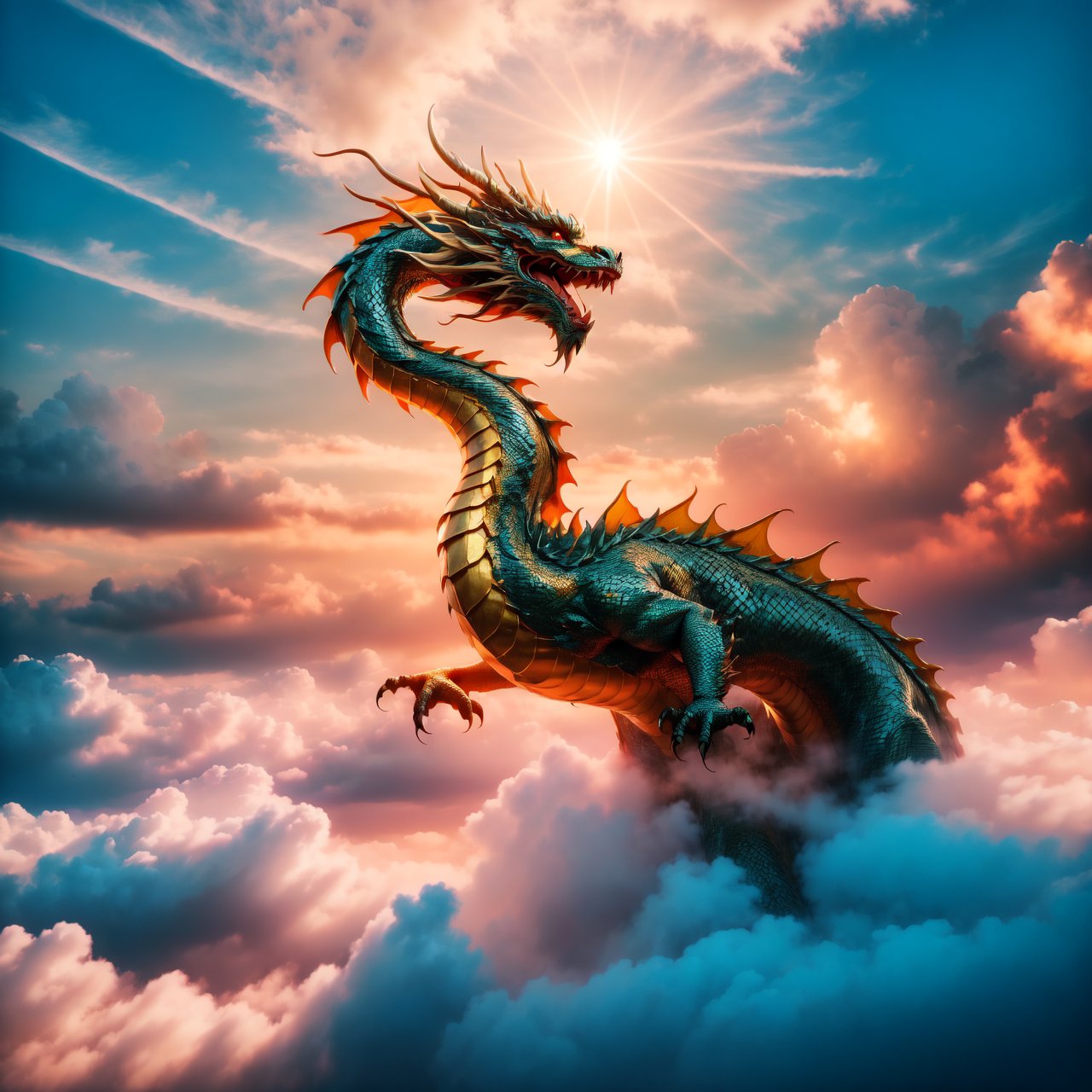 A majestic and powerful scene illustrating 'The dragon soars in the sky' (飞龙在天) from the I Ching. A magnificent Chinese dragon, detailed and vibrant, is depicted soaring high above the clouds, symbolizing the apex of achievement and recognition. The dragon is in full display, with its body elegantly winding through the sky, exuding strength and grace. The setting is awe-inspiring, with the dragon against a backdrop of a clear blue sky and fluffy white clouds, highlighting its ascendant position and celebrated status.
By FuturEvoLab, (Masterpiece, Best Quality, 8k:1.2), (Ultra-Detailed, Highres, Extremely Detailed, Absurdres, Incredibly Absurdres, Huge Filesize:1.1), ,CHINESE DRAGON
