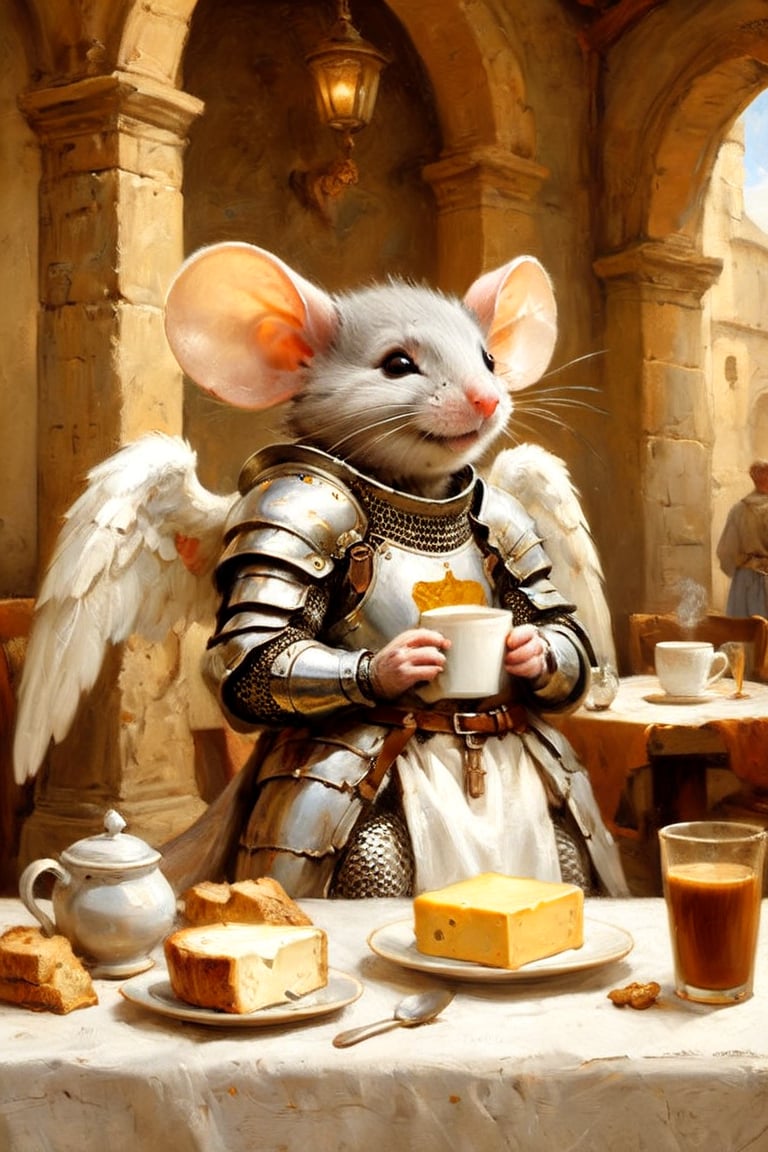 relaxed thankful mouse with cheese as Angel,  drinking coffee in an ancient cafe,  dressed in Elegant Angelic Age armour