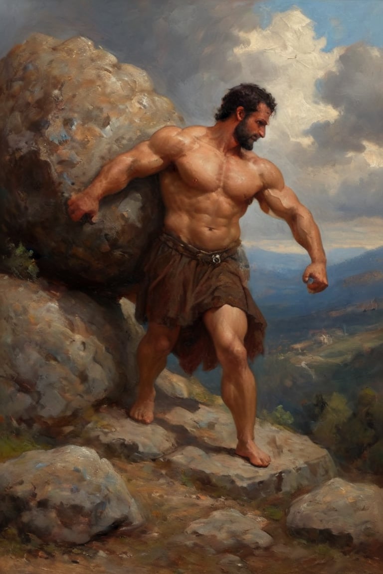 in Contemporary Tunic, hercules pushing huge rock uphill, Tiny, oil painting