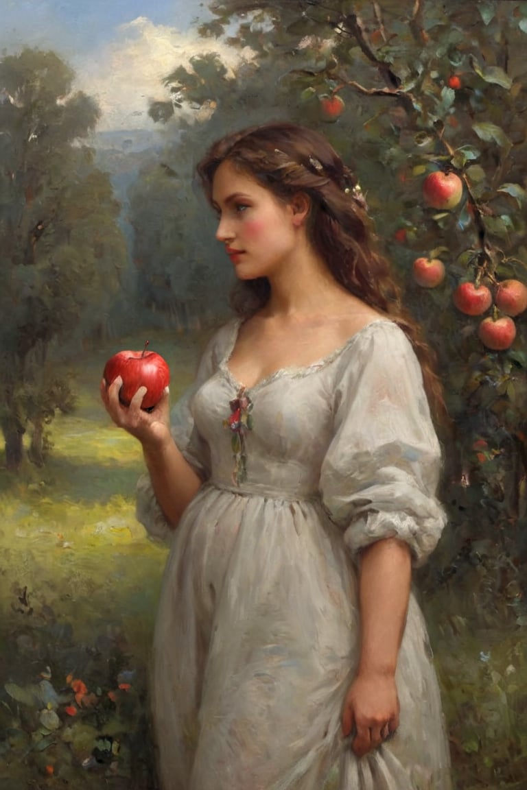 Fantasy eve in eden, she is holding a single apple, oil painting