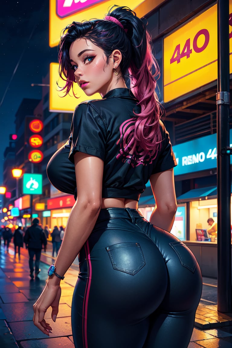 (masterpiece, best quality, 4k, detailed, intricate, realistic),outside,modern city street,night,neon lights,bokeh,depth of field,1girl,big booty,pink IncursioDipDyedHair,black hair,ponytail,high-waist pants,looking at viewer,shirt