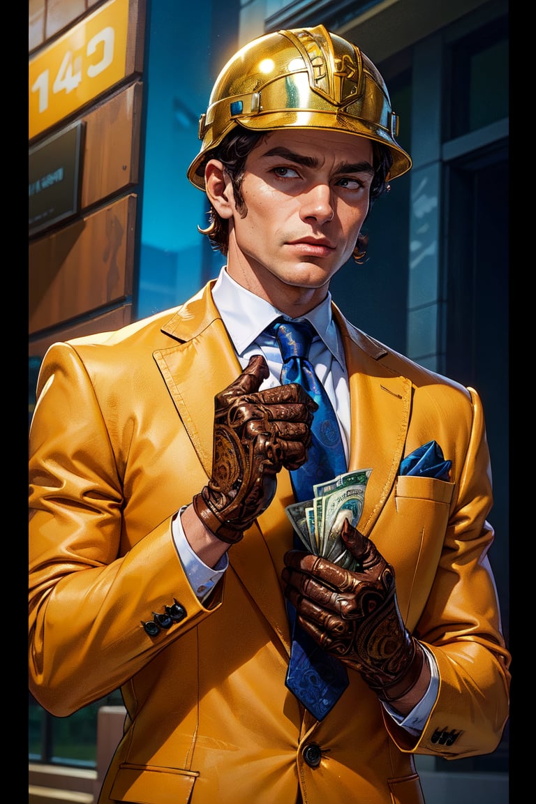 (masterpiece, best quality, 4k, detailed, intricate, realistic),penitentonedef,helmet, stone face, faceless,brown gloves,gangstersb,upper body, money, holding, holding money, thumbs up, suit, jewelry, necktie 