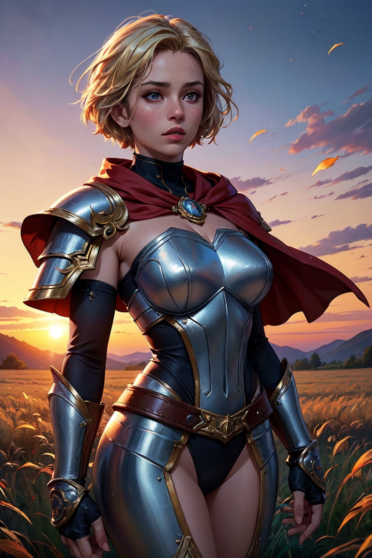 (masterpiece, best quality, 4k, detailed, intricate, realistic),cinematic angle,cinematic lighting,medieval,1girl,short hair,pixie cut,blonde hair,solo focus,cowboy shot,wearing ornate armor,cape,wind gust,leaves,light particles,outside,field,sunset,gauntlets