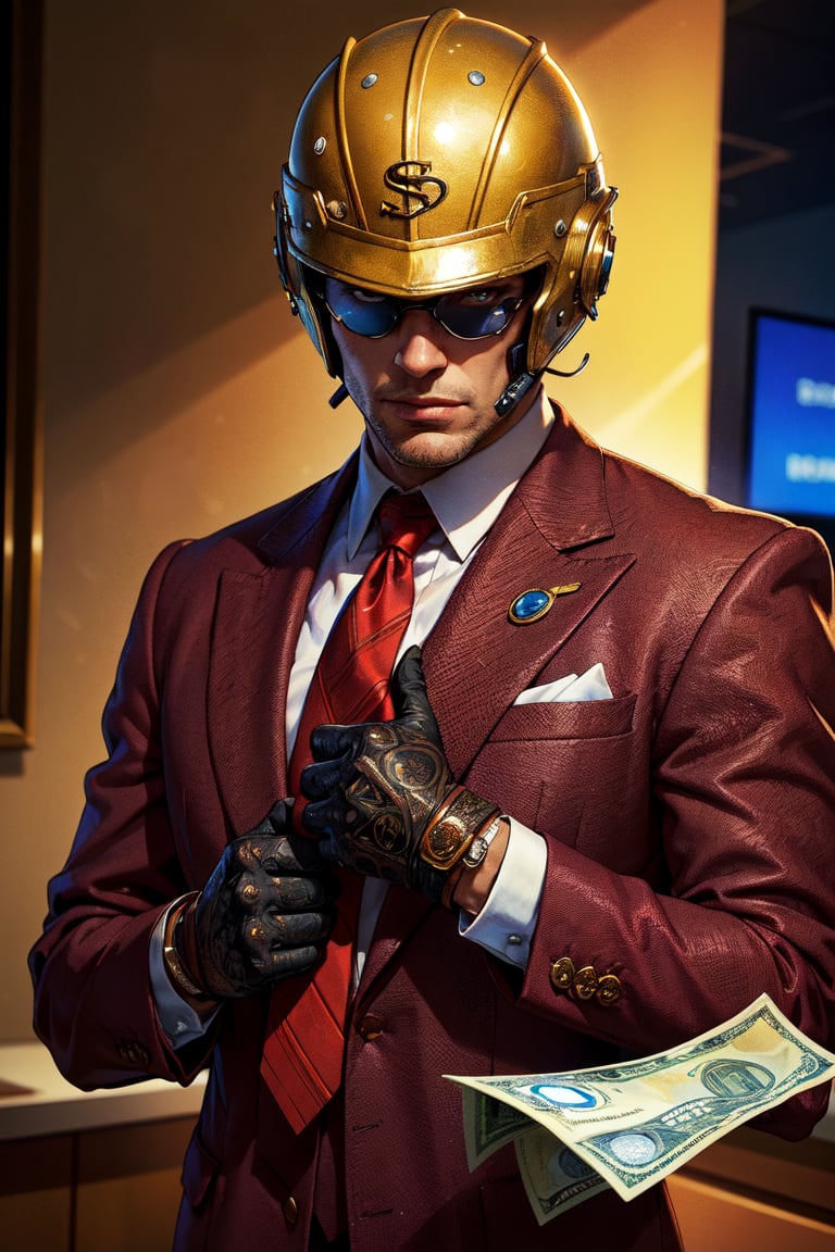 (masterpiece, best quality, 4k, detailed, intricate, realistic),penitentonedef,helmet, stone face, faceless,brown gloves,gangstersb,upper body, money, holding, holding money, thumbs up, suit, jewelry, necktie 