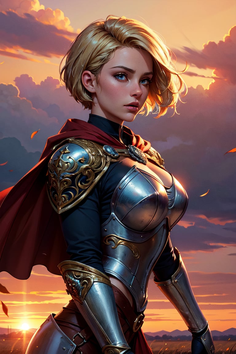 (masterpiece, best quality, 4k, detailed, intricate, realistic),cinematic angle,cinematic lighting,medieval,1girl,short hair,pixie cut,blonde hair,solo focus,cowboy shot,wearing ornate armor,cape,wind gust,leaves,light particles,outside,field,sunset,gauntlets